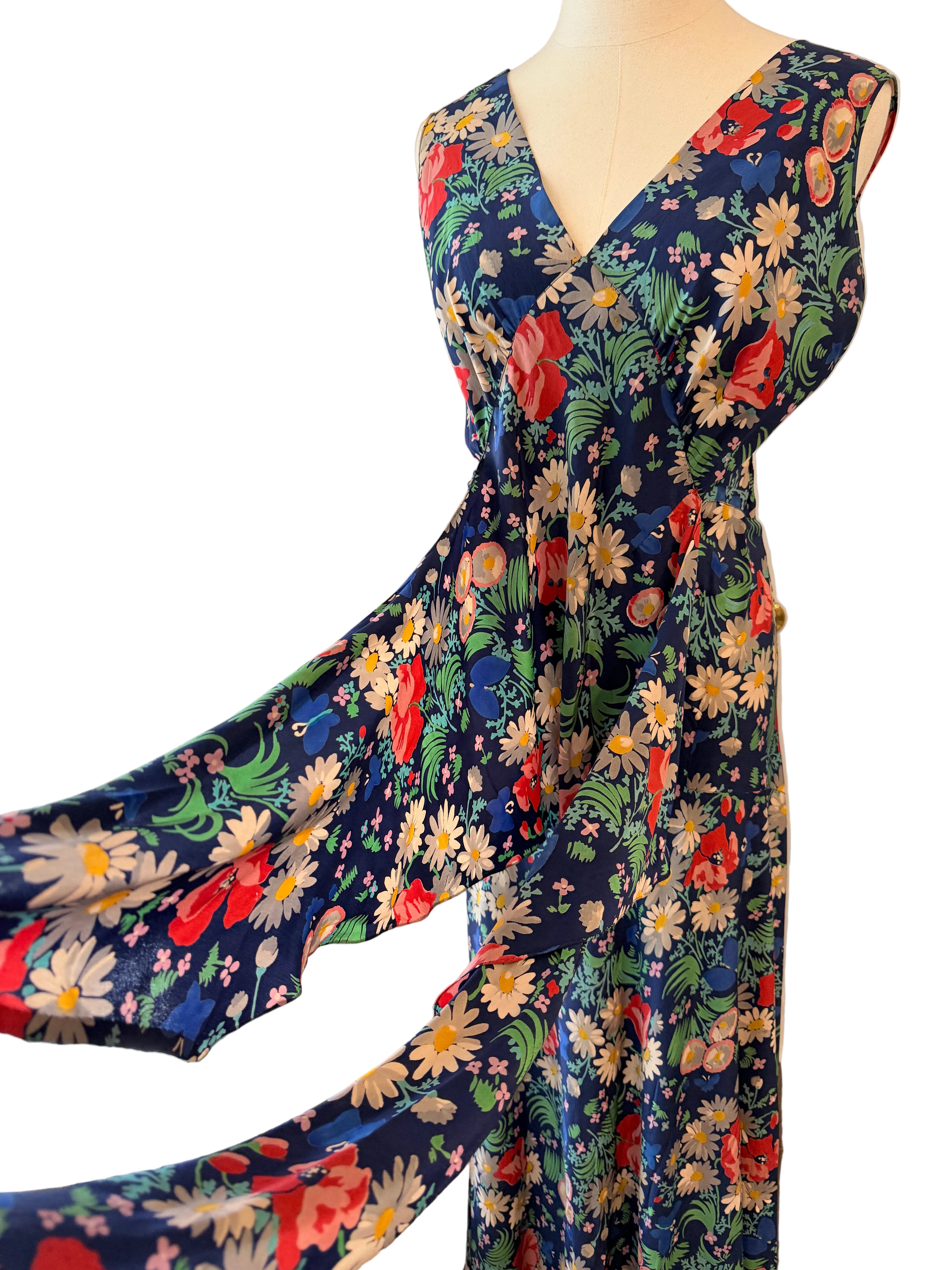 1930s Navy Silk Bias-Cut Floral Gown with Front & Back V-Neck and Sash Waist