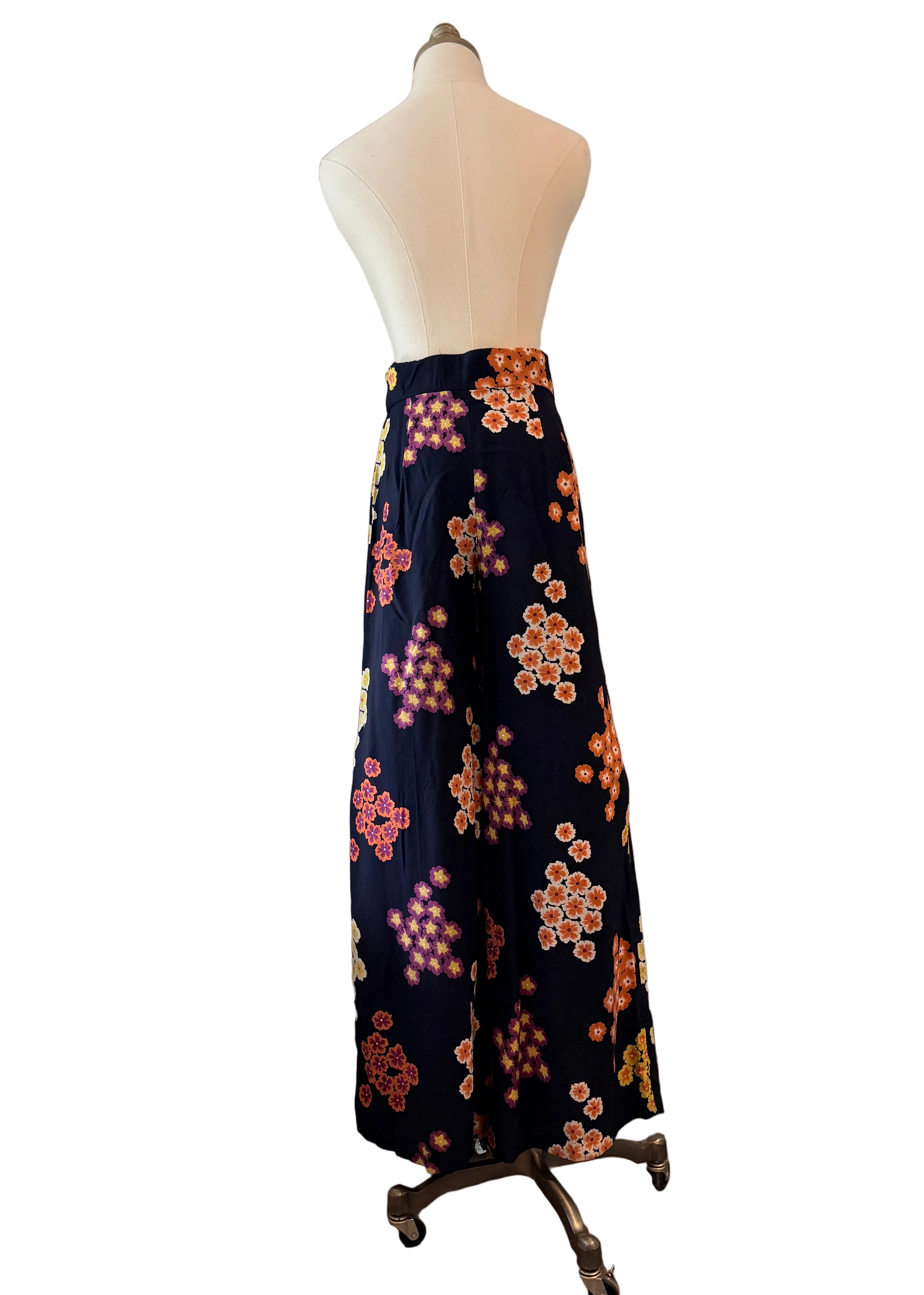 1940s Black Rayon Wide-Leg Pants with Pansy Floral Print & Matching Sash Belt