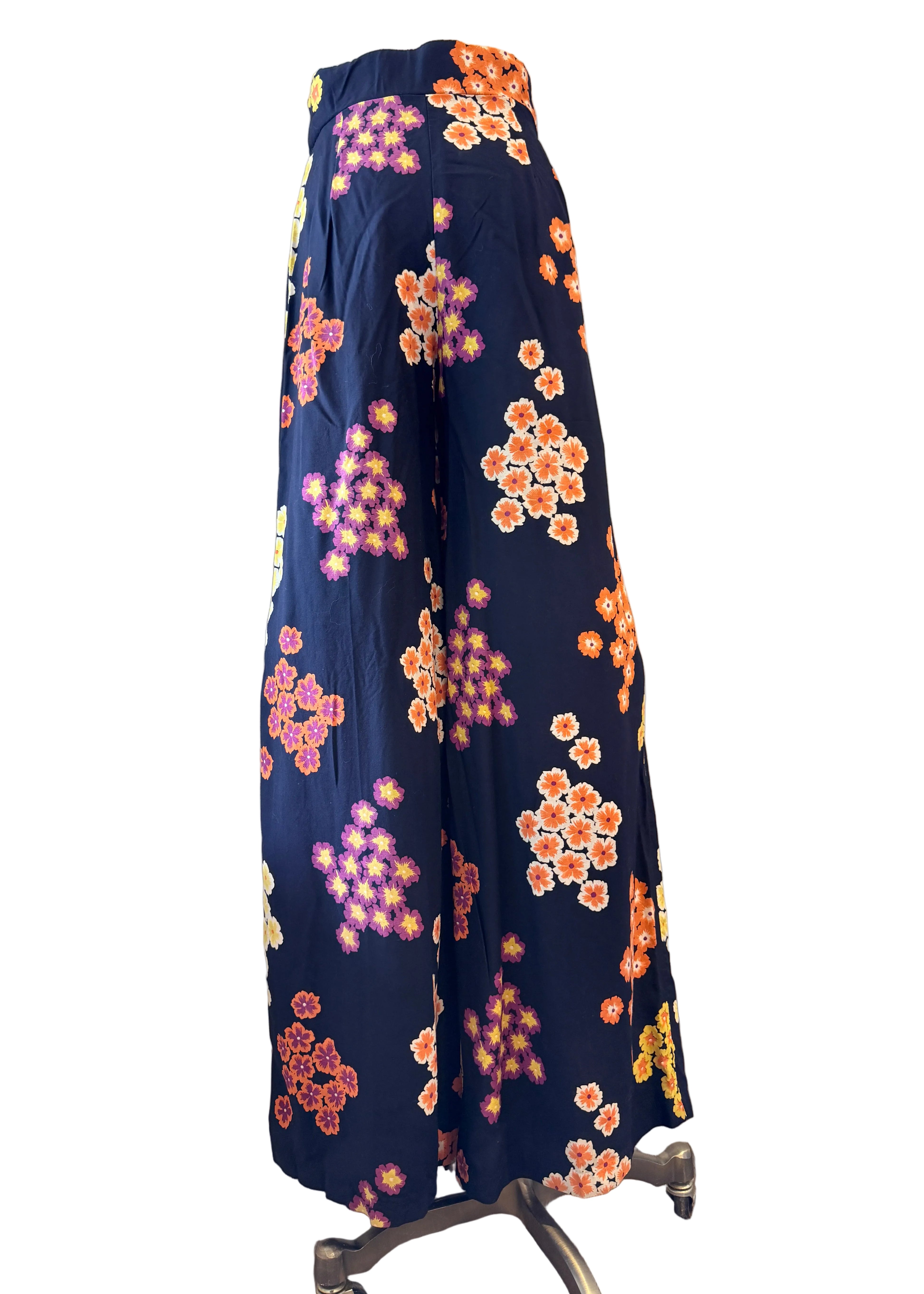 1940s Black Rayon Wide-Leg Pants with Pansy Floral Print & Matching Sash Belt