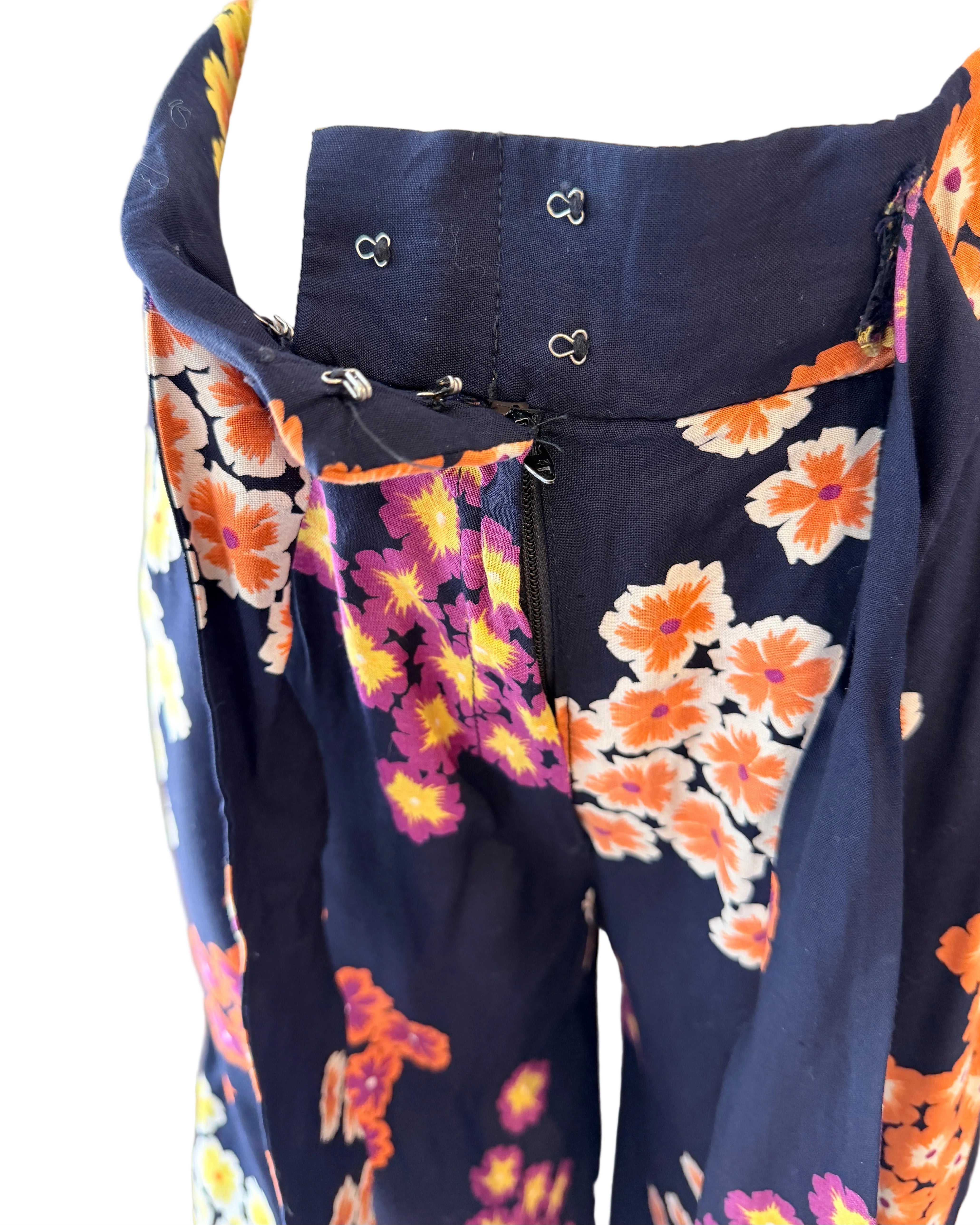 1940s Black Rayon Wide-Leg Pants with Pansy Floral Print & Matching Sash Belt