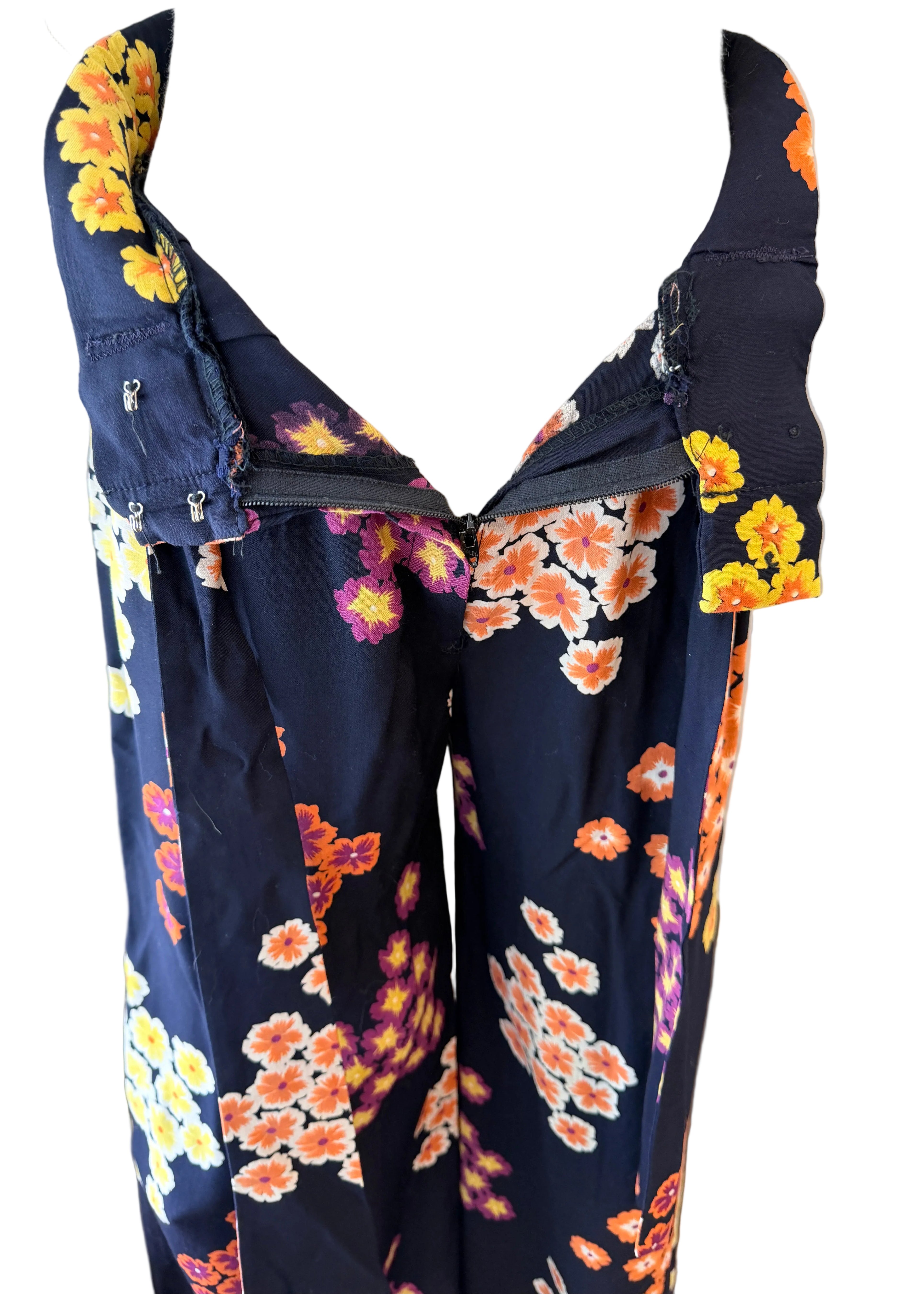 1940s Black Rayon Wide-Leg Pants with Pansy Floral Print & Matching Sash Belt