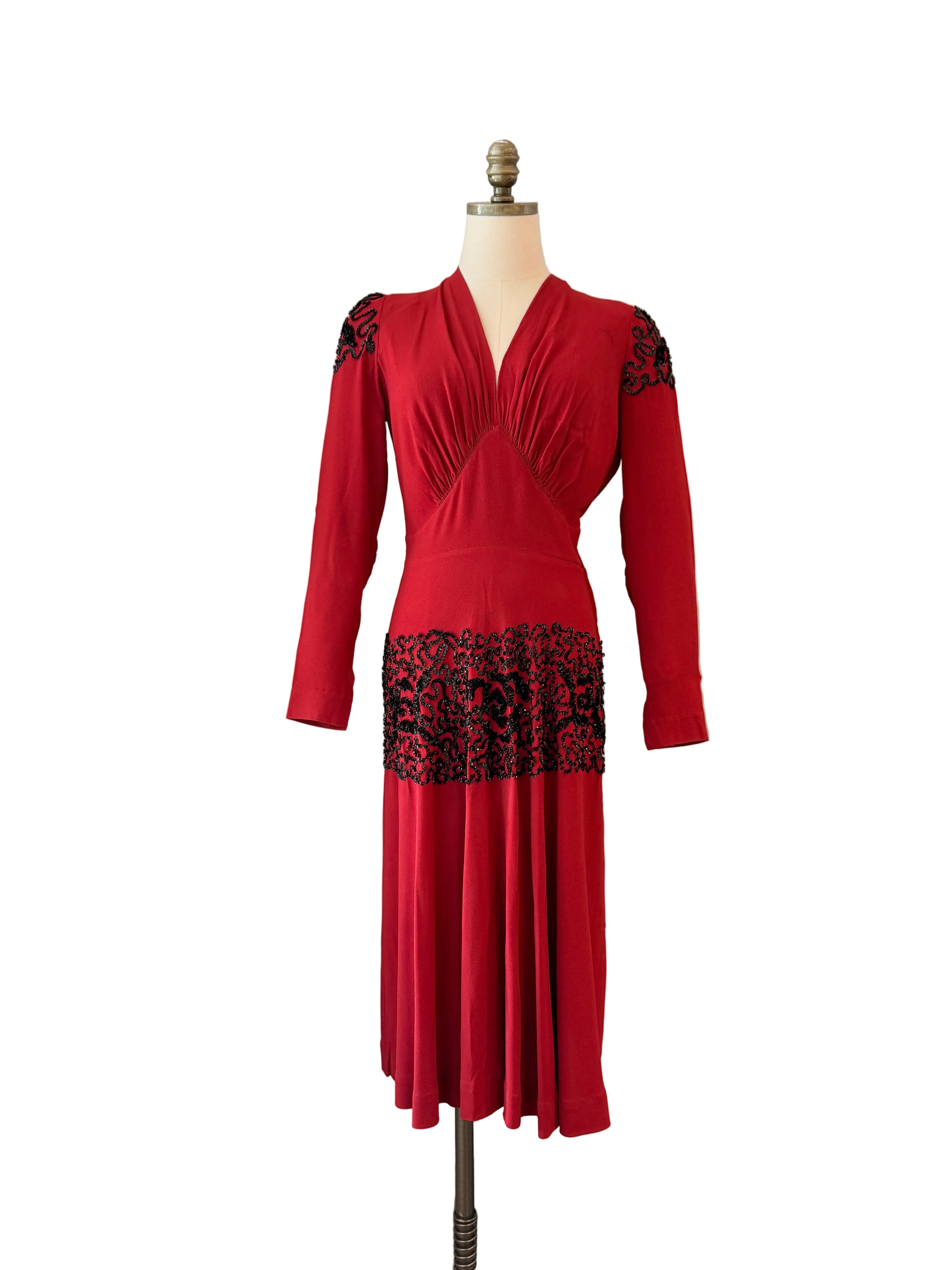 1940s Red Rayon Fit-and-Flare Dress with Sequin Detail