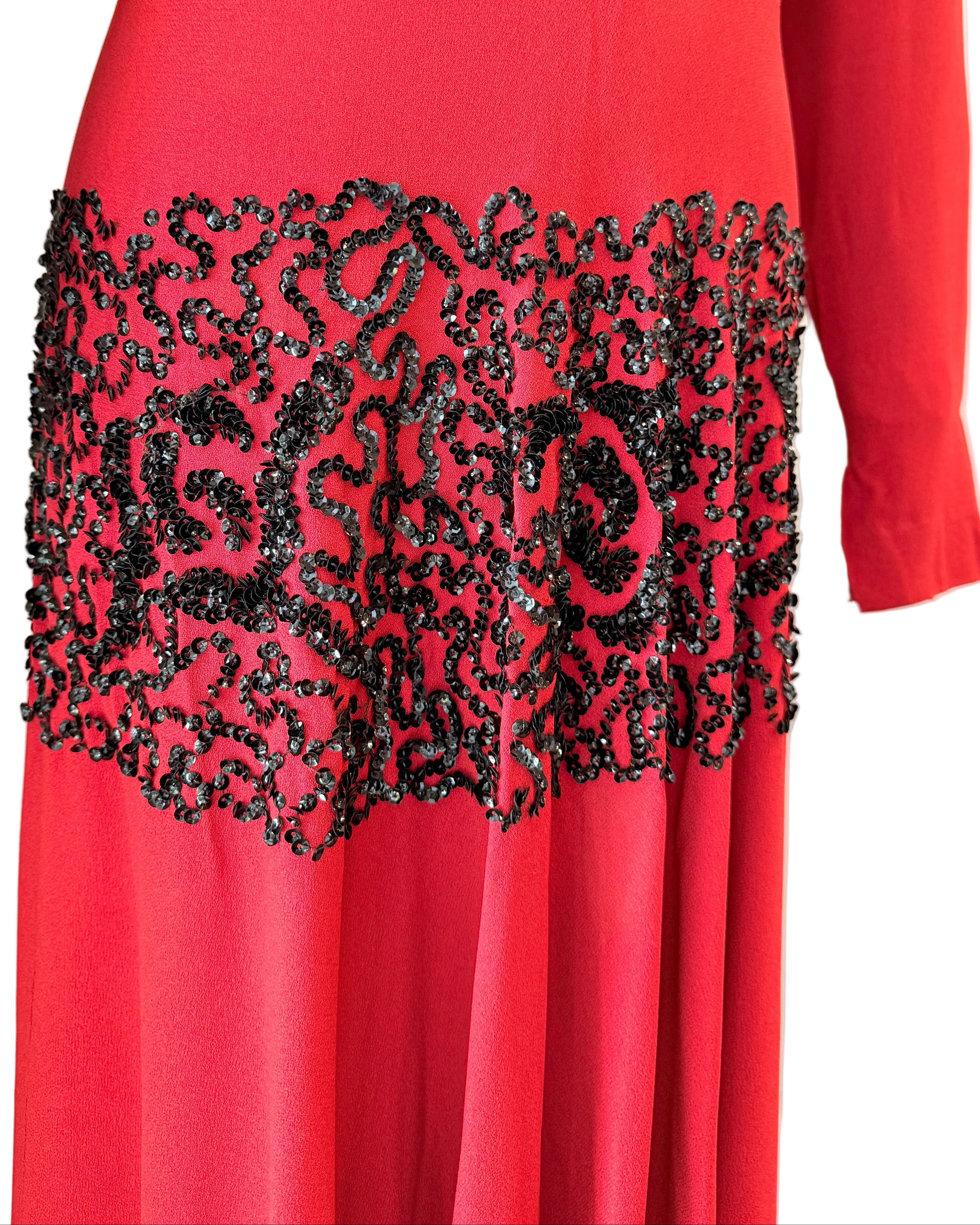 1940s Red Rayon Fit-and-Flare Dress with Sequin Detail