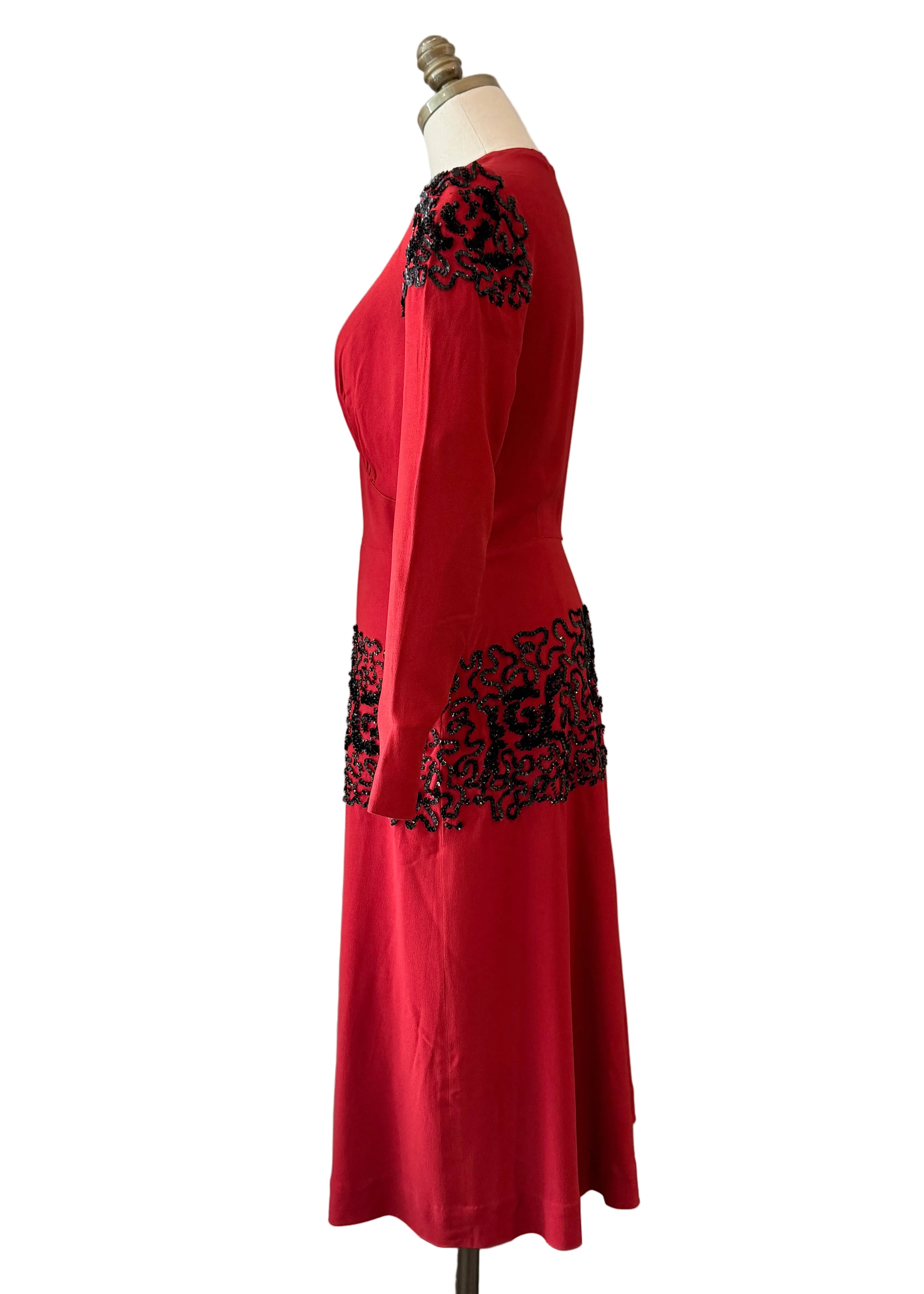 1940s Red Rayon Fit-and-Flare Dress with Sequin Detail