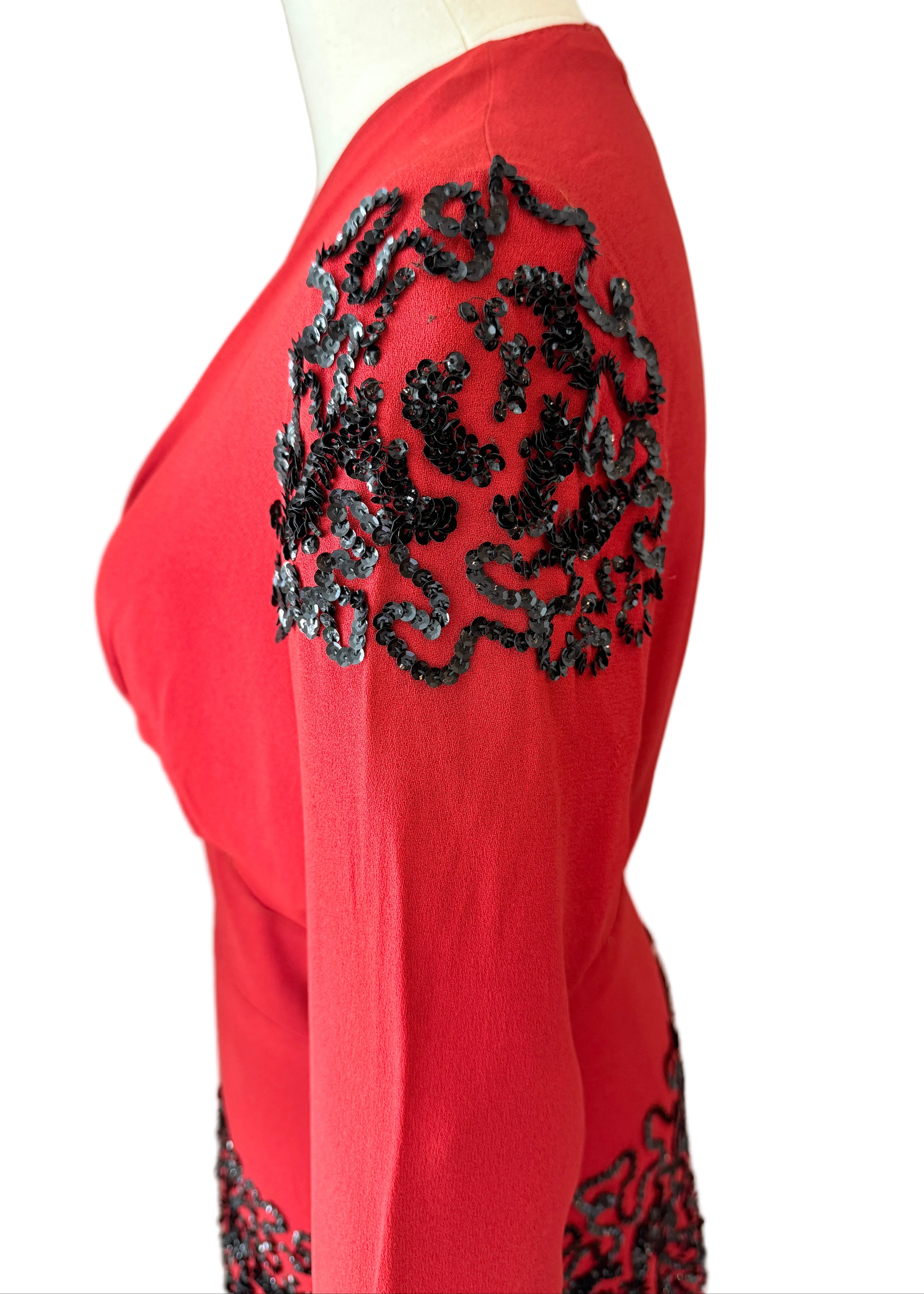 1940s Red Rayon Fit-and-Flare Dress with Sequin Detail