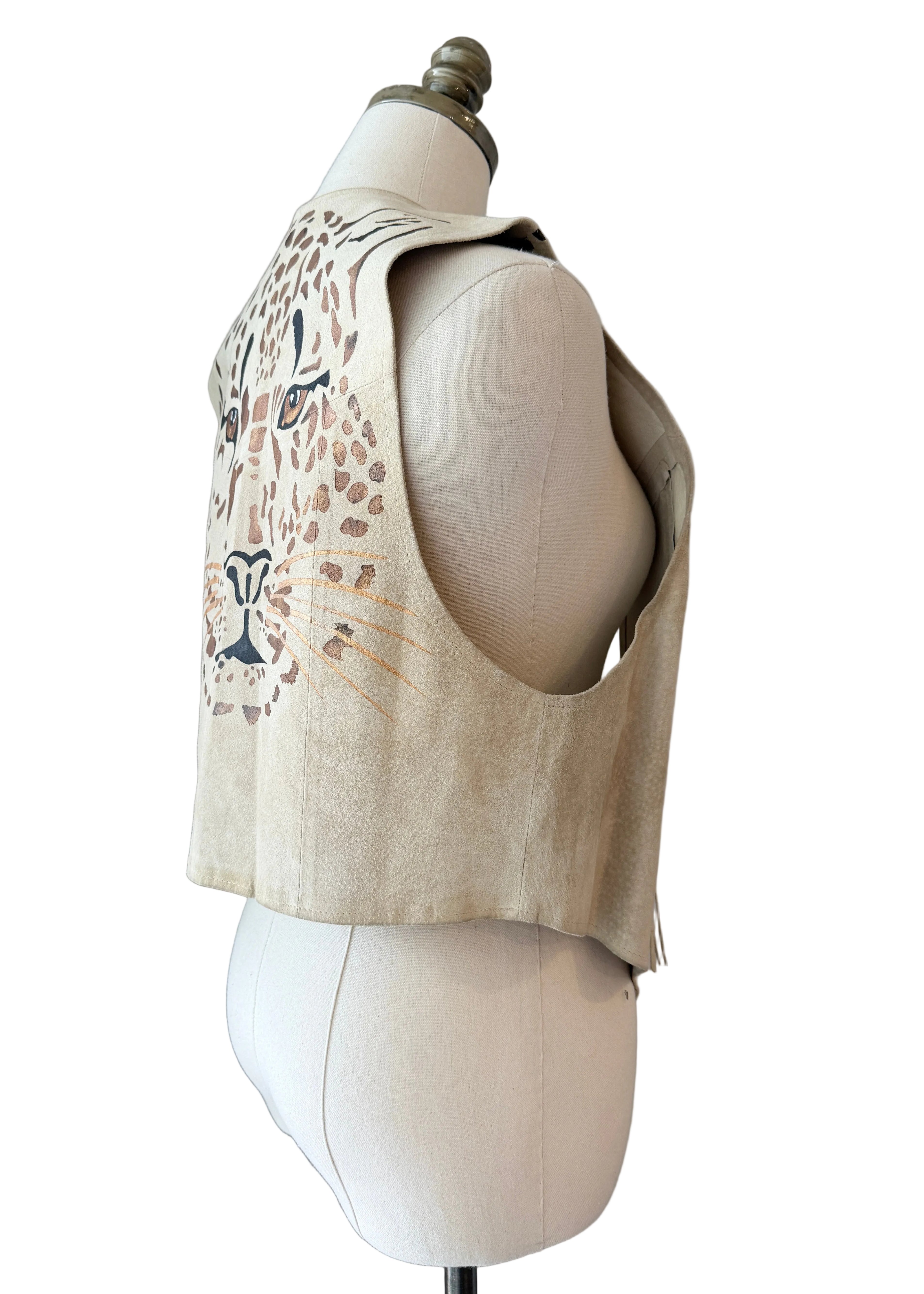 1990s Char Santa Fe Light Gray Suede Vest with Hand-Painted Tiger Motif