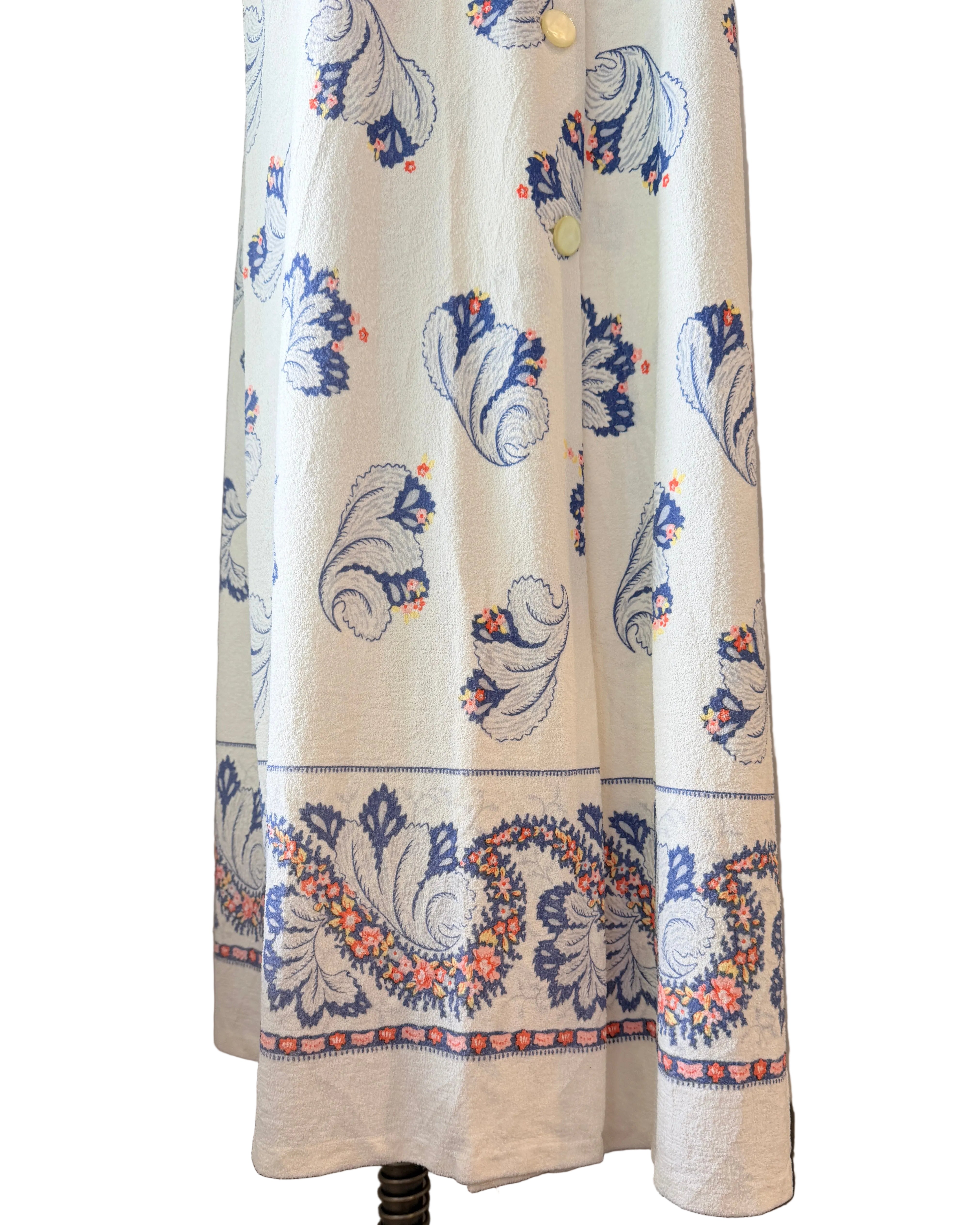 1960s Terrycloth Maxi Dress with Feather plume Print & Cap Sleeves
