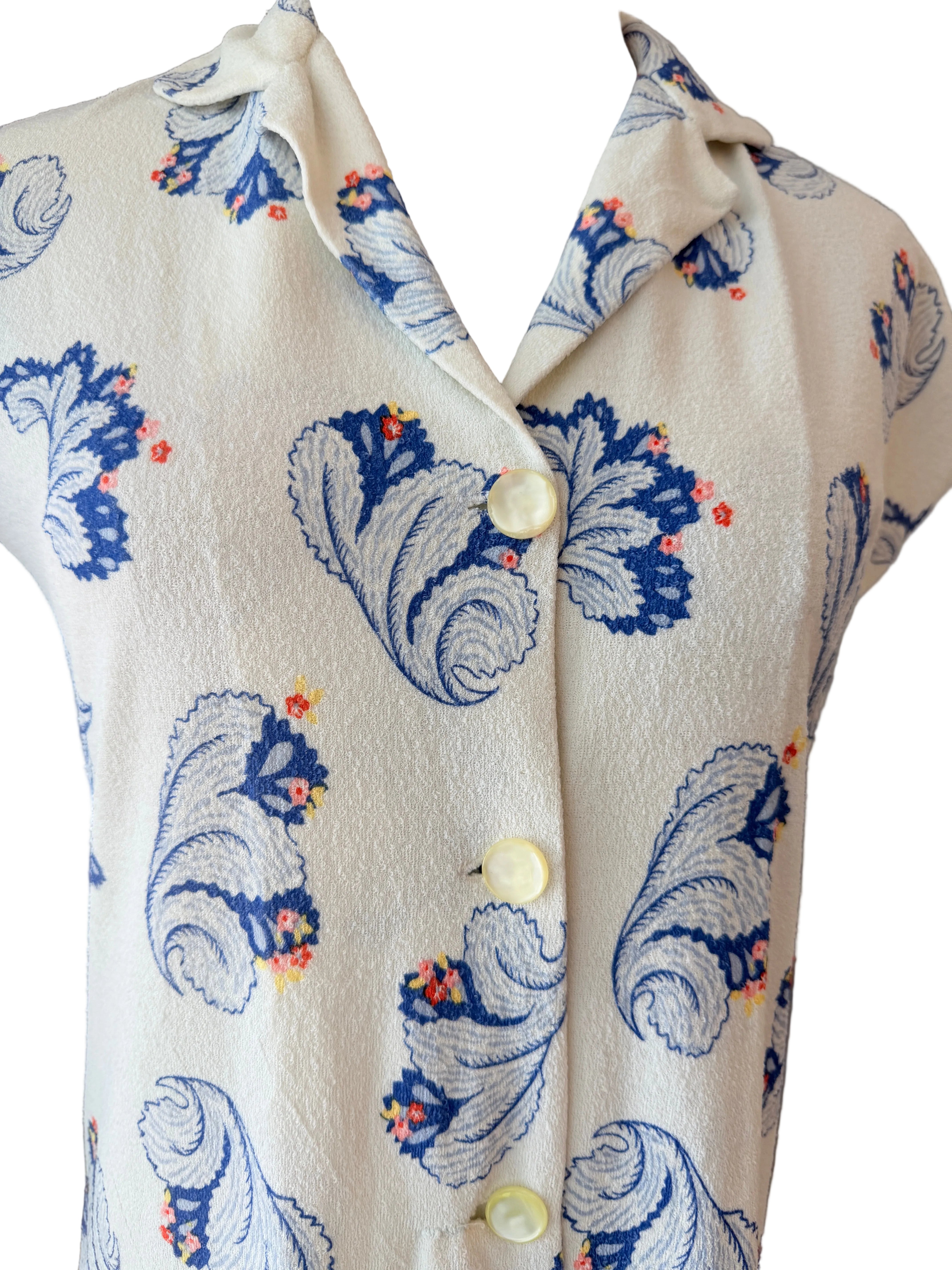 1960s Terrycloth Maxi Dress with Feather plume Print & Cap Sleeves