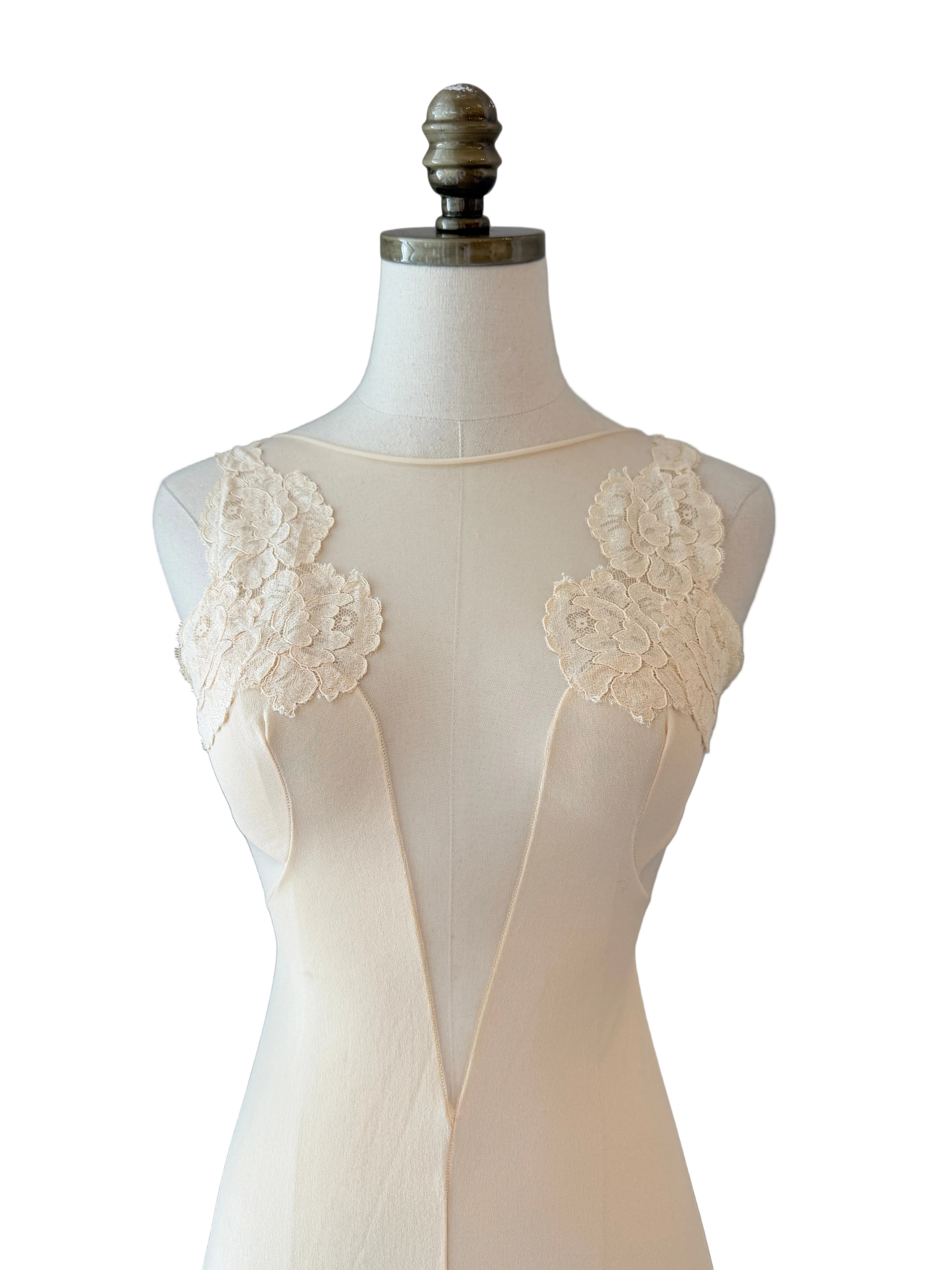 1960s Blanche by Ralph Montenero Ivory Nightgown with Sheer Lace Insets