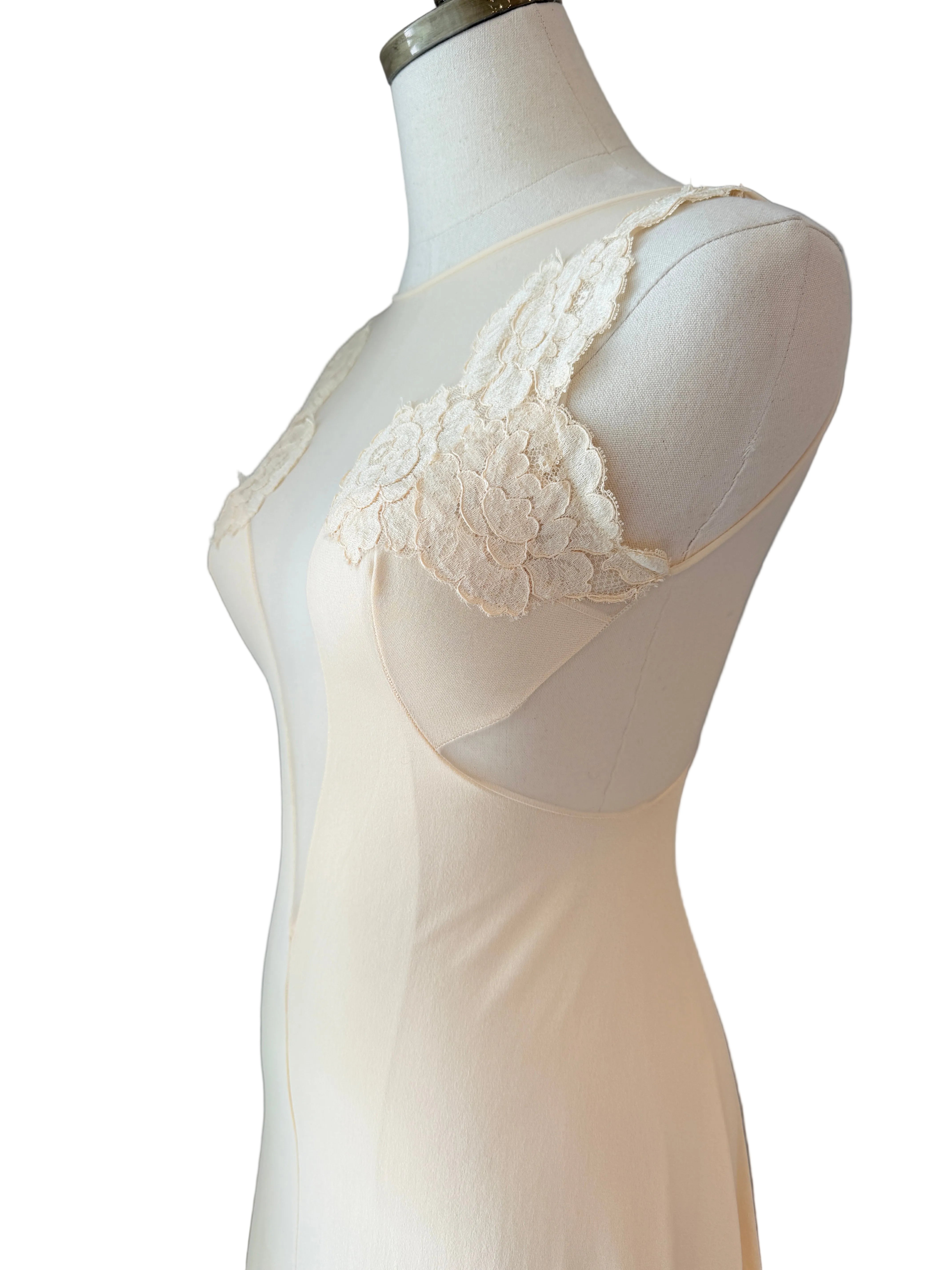 1960s Blanche by Ralph Montenero Ivory Nightgown with Sheer Lace Insets