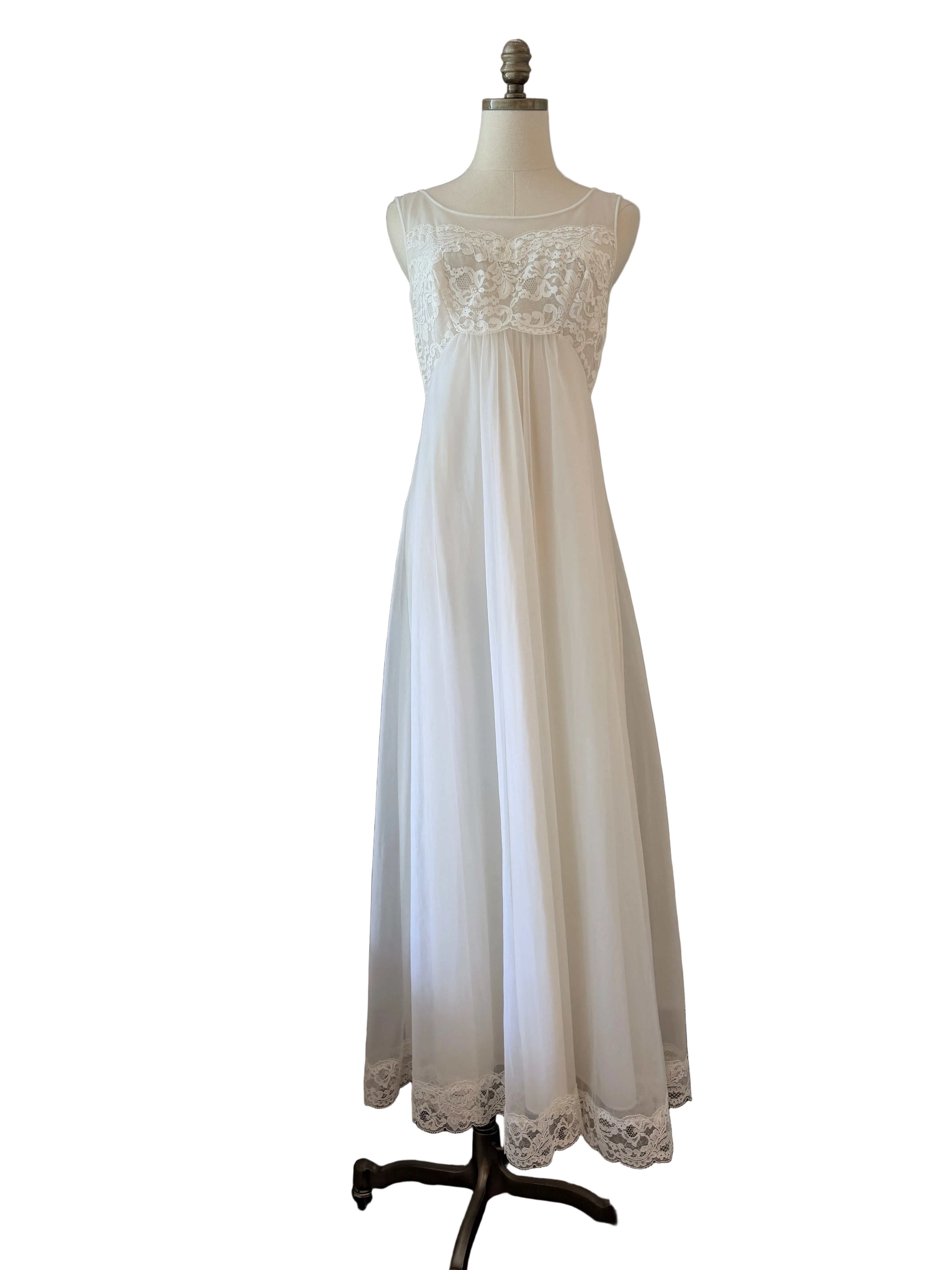 1960s Ivory Lace Bodice Nightgown with Layered Sheer Nylon Skirt