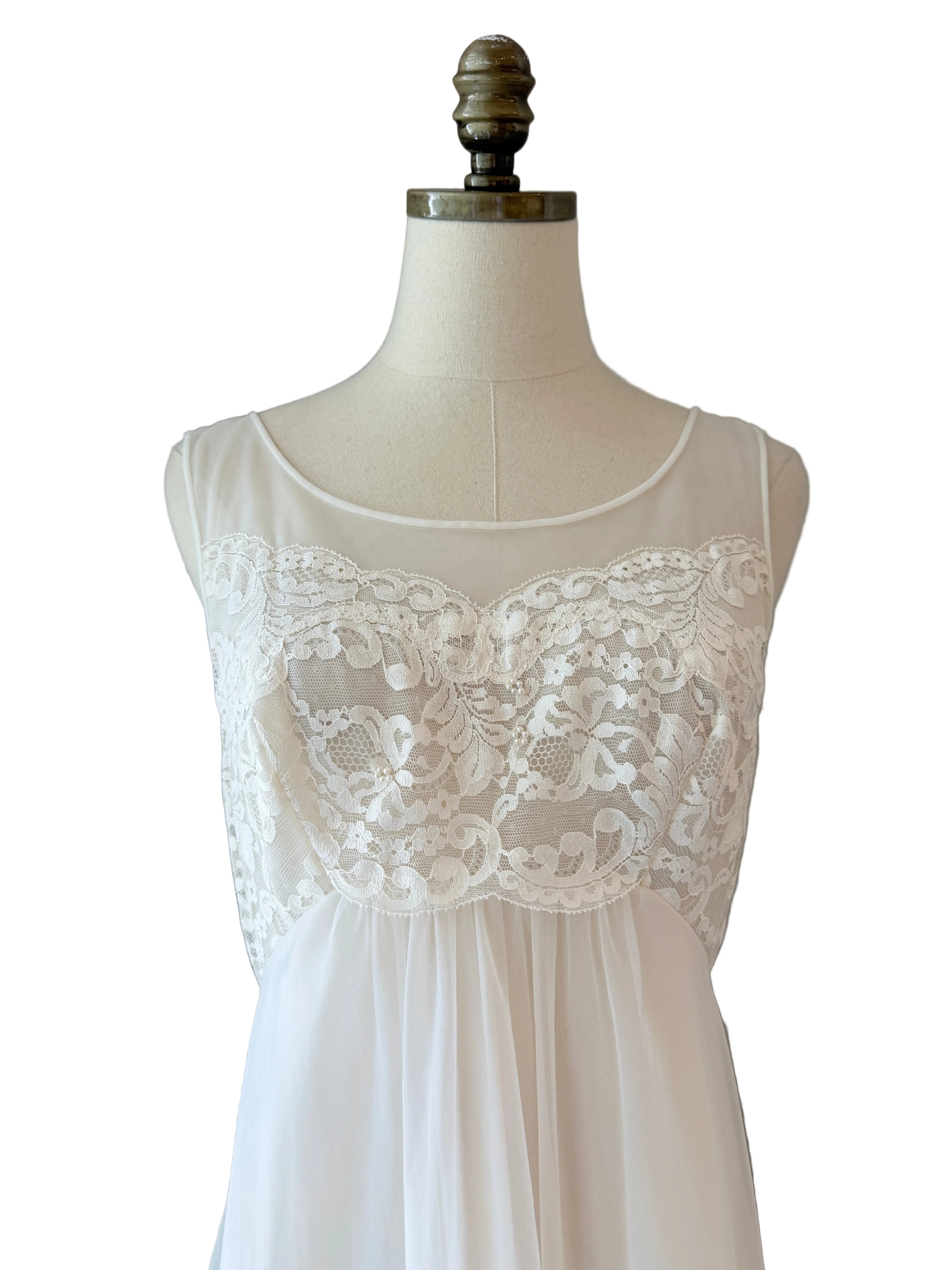1960s Ivory Lace Bodice Nightgown with Layered Sheer Nylon Skirt