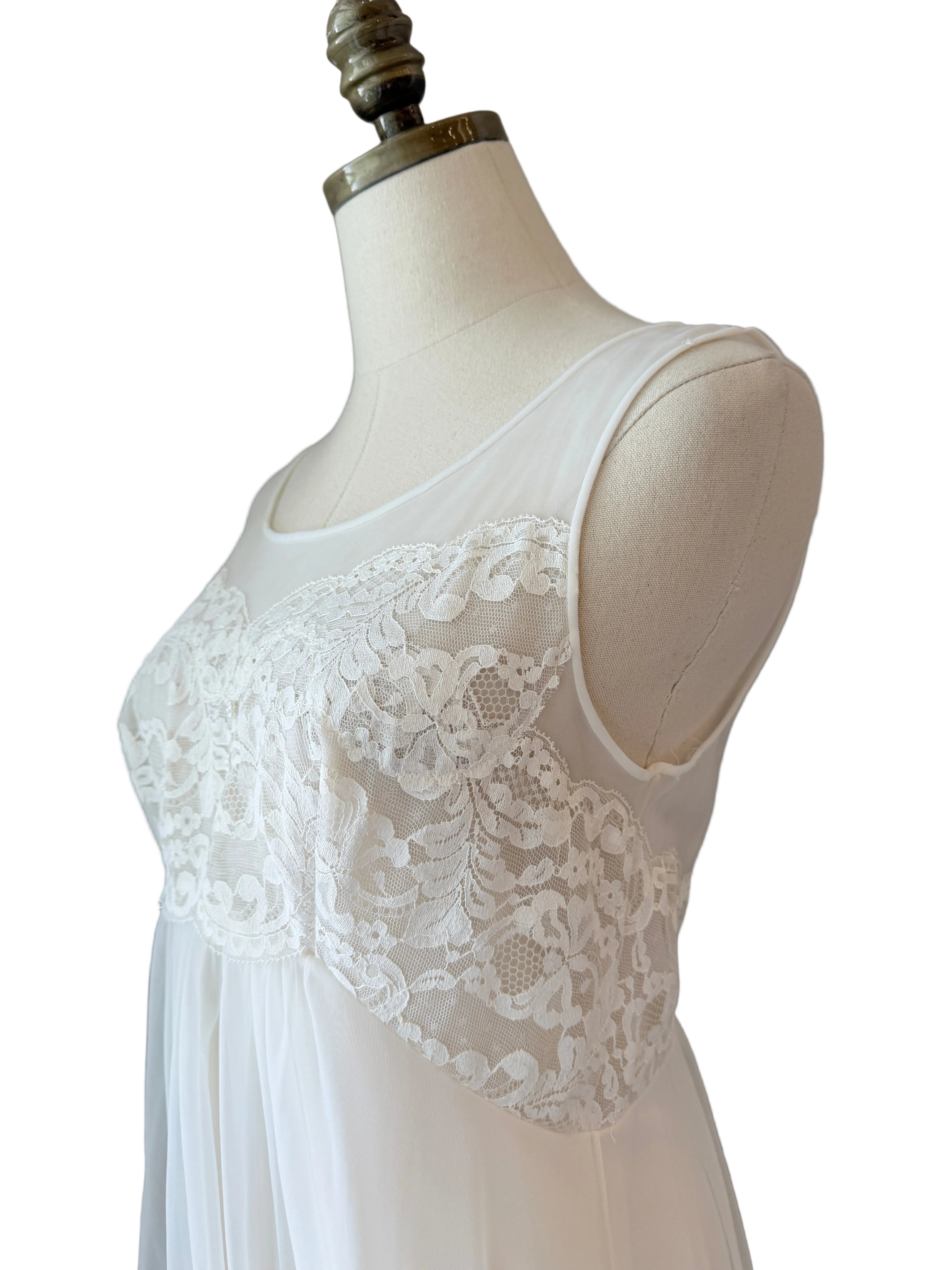 1960s Ivory Lace Bodice Nightgown with Layered Sheer Nylon Skirt
