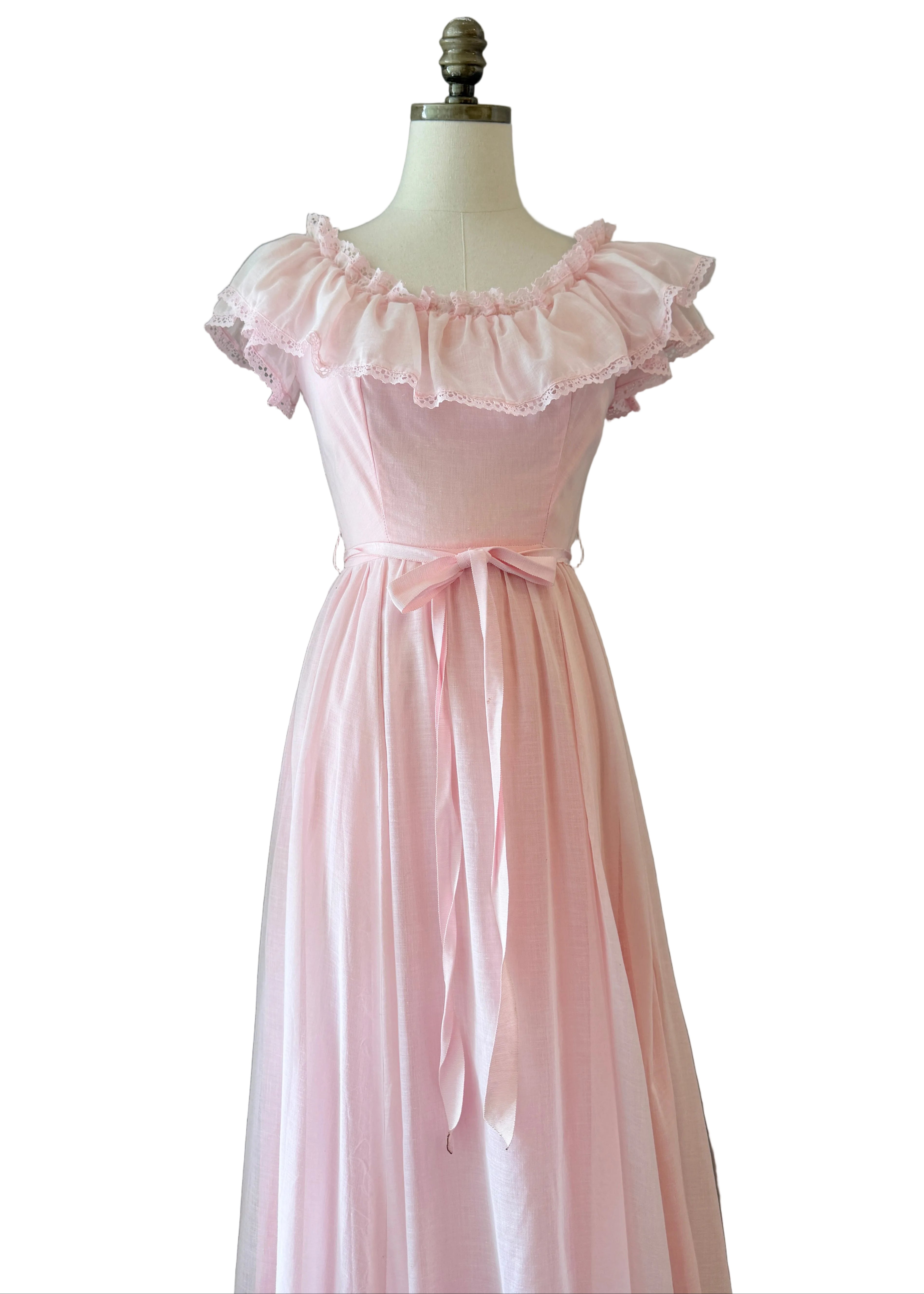 1970s Off-the-Shoulder Cotton Maxi Dress with Ruffle Trim & Satin Sash