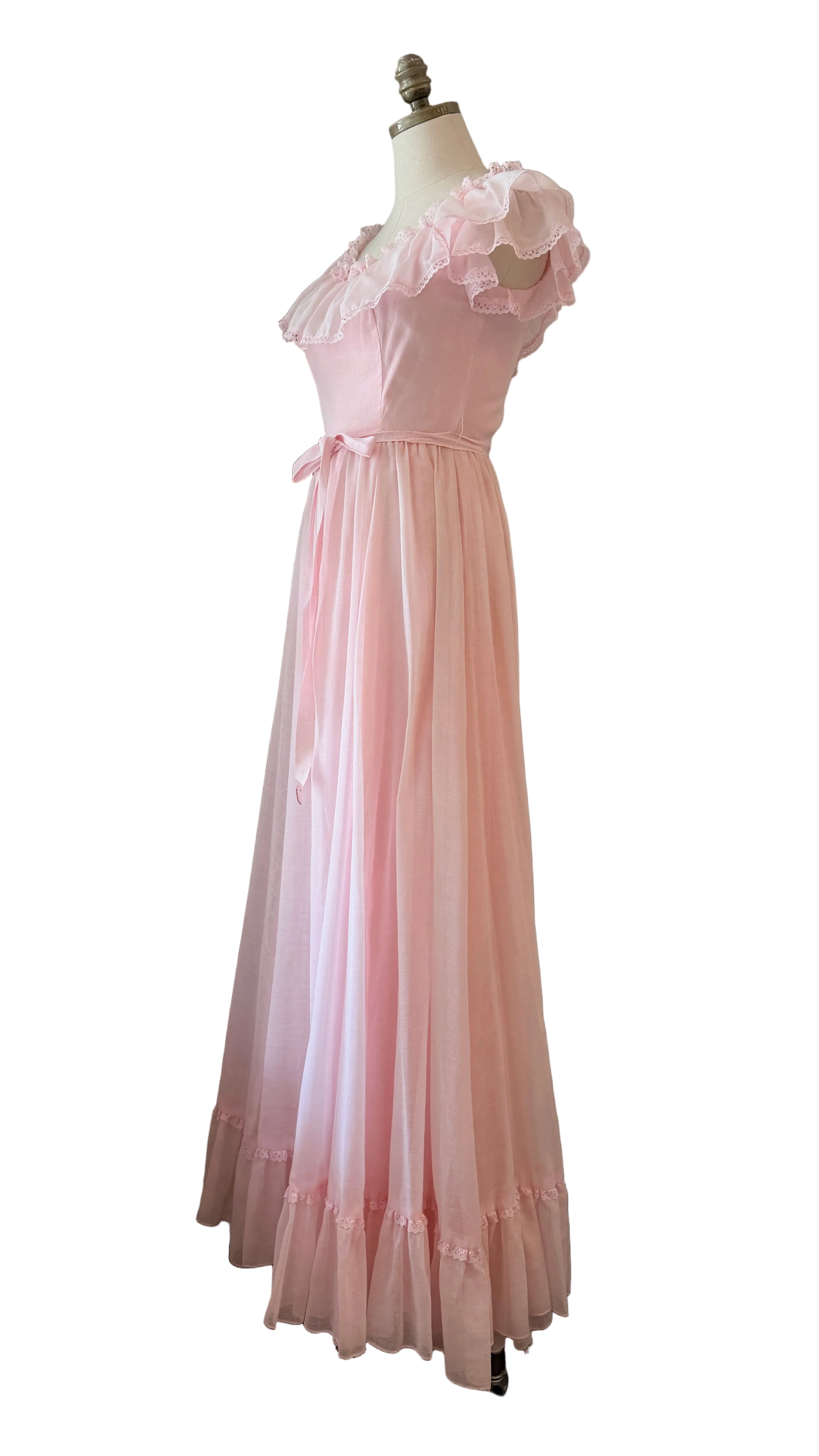 1970s Off-the-Shoulder Cotton Maxi Dress with Ruffle Trim & Satin Sash