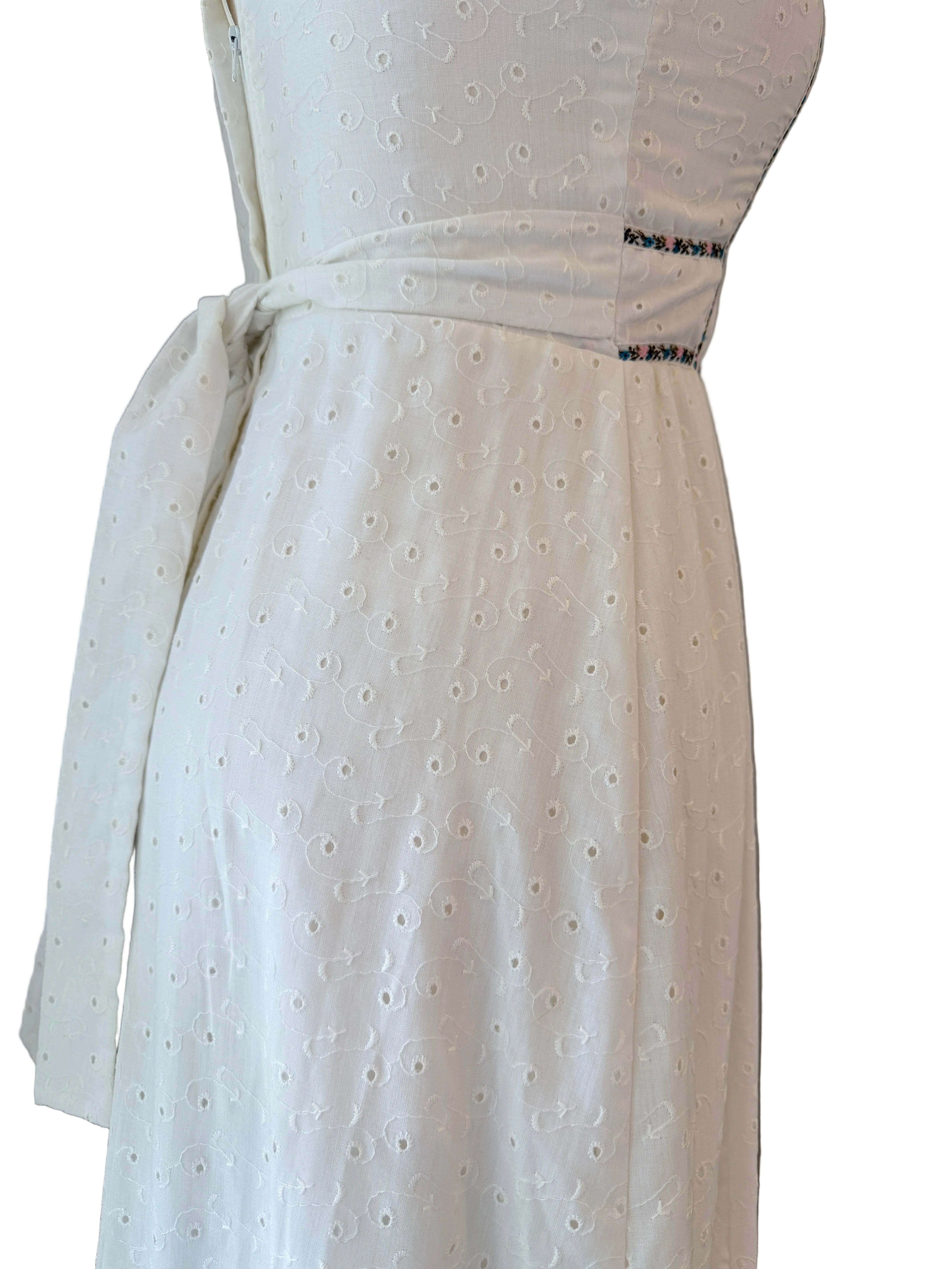 1970s White Cotton Eyelet Maxi Dress with Floral Ribbonwork Bodice
