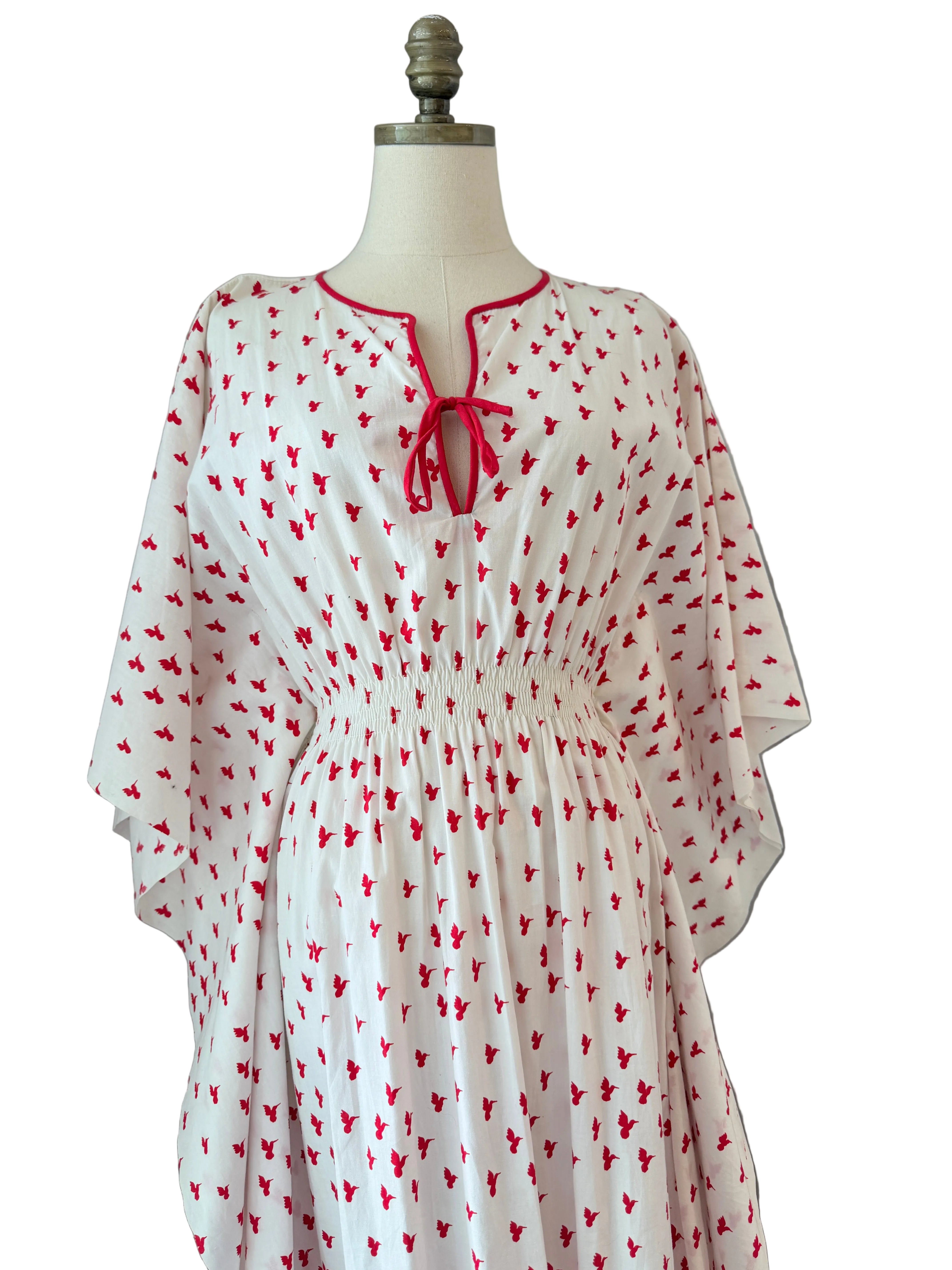 1970s White Cotton Caftan Dress with Red Bird Print & Piped Trim