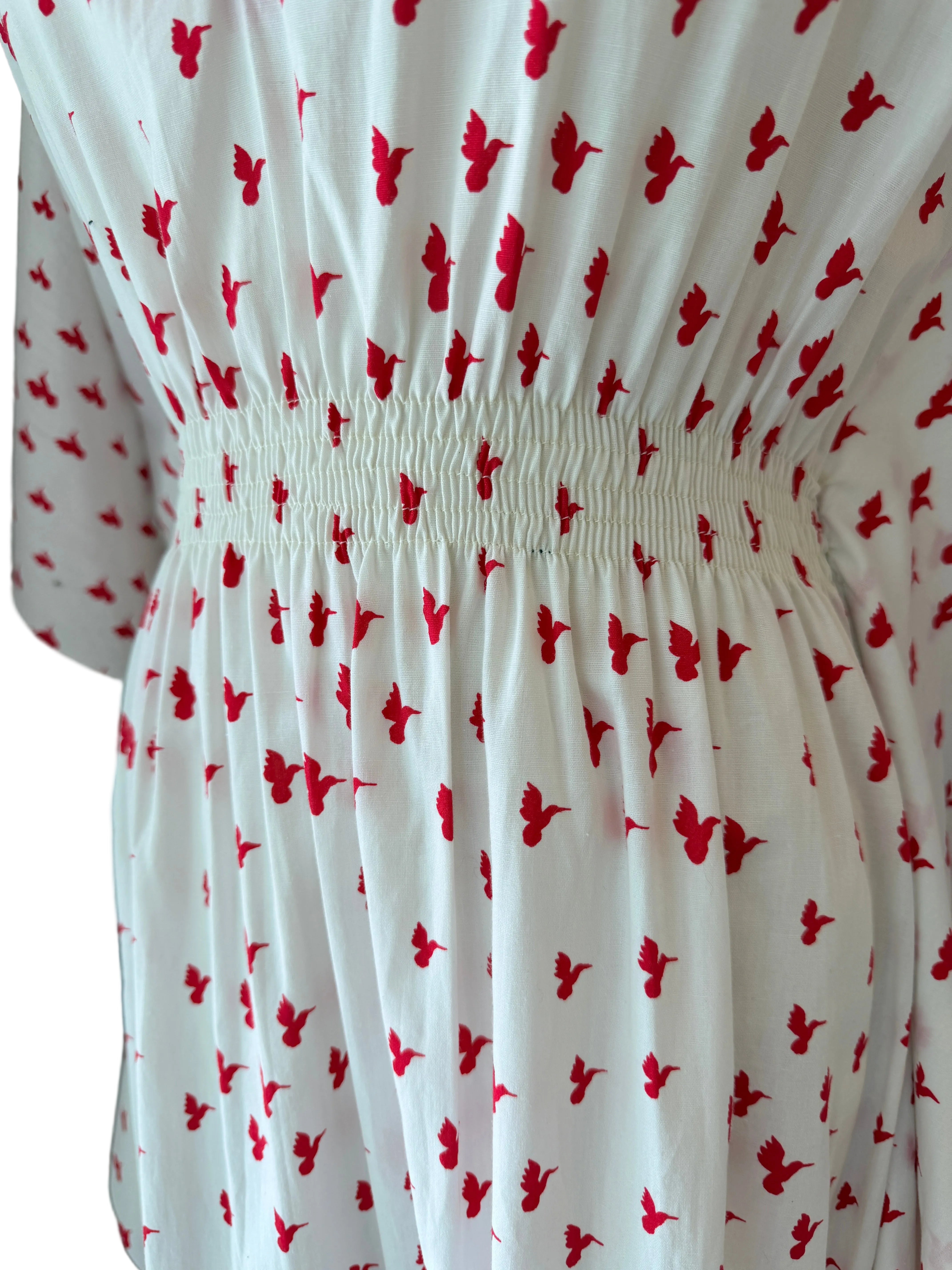 1970s White Cotton Caftan Dress with Red Bird Print & Piped Trim