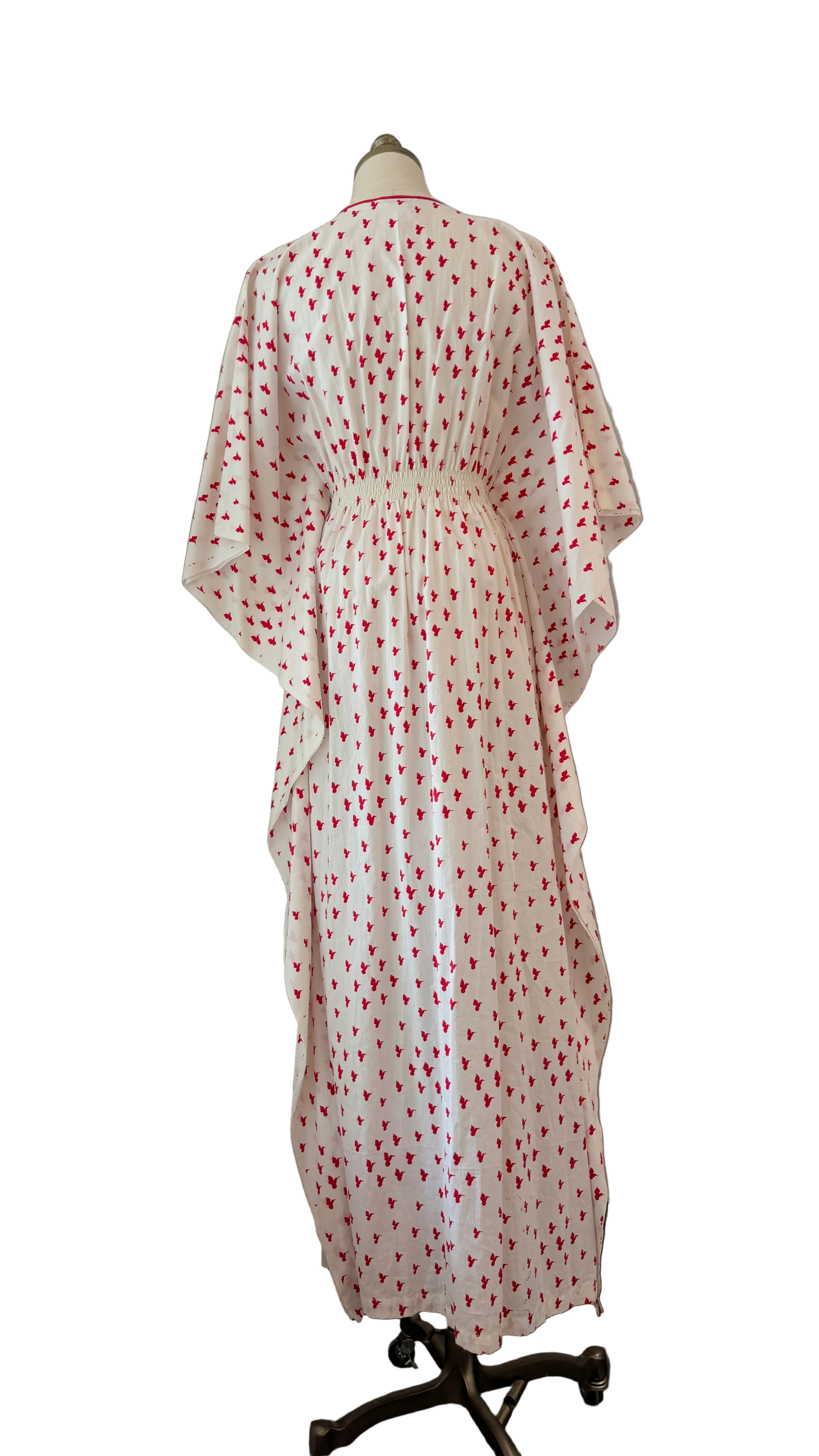 1970s White Cotton Caftan Dress with Red Bird Print & Piped Trim