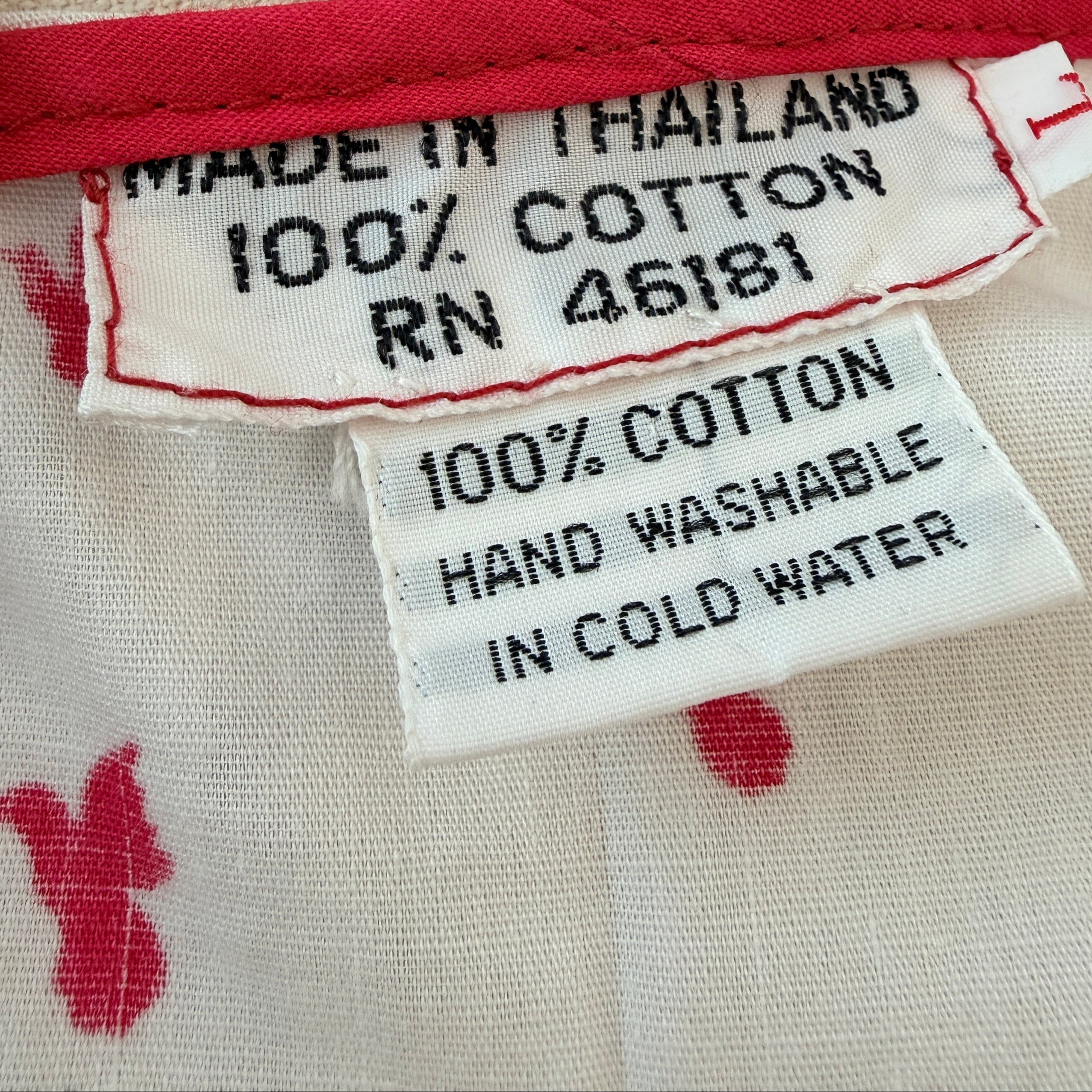 1970s White Cotton Caftan Dress with Red Bird Print & Piped Trim
