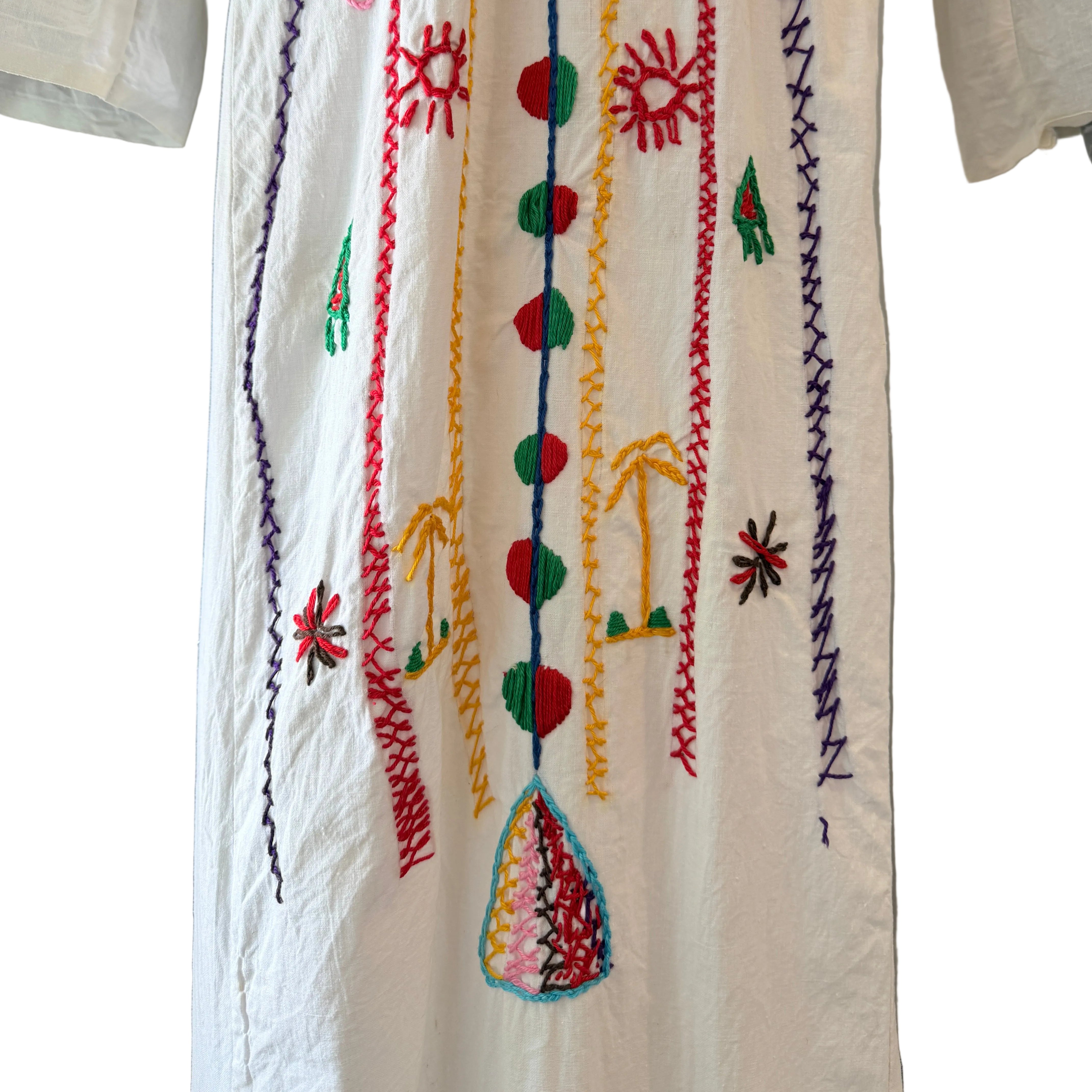 1970s Cotton Maxi Tunic Dress with Primary Color Embroidery