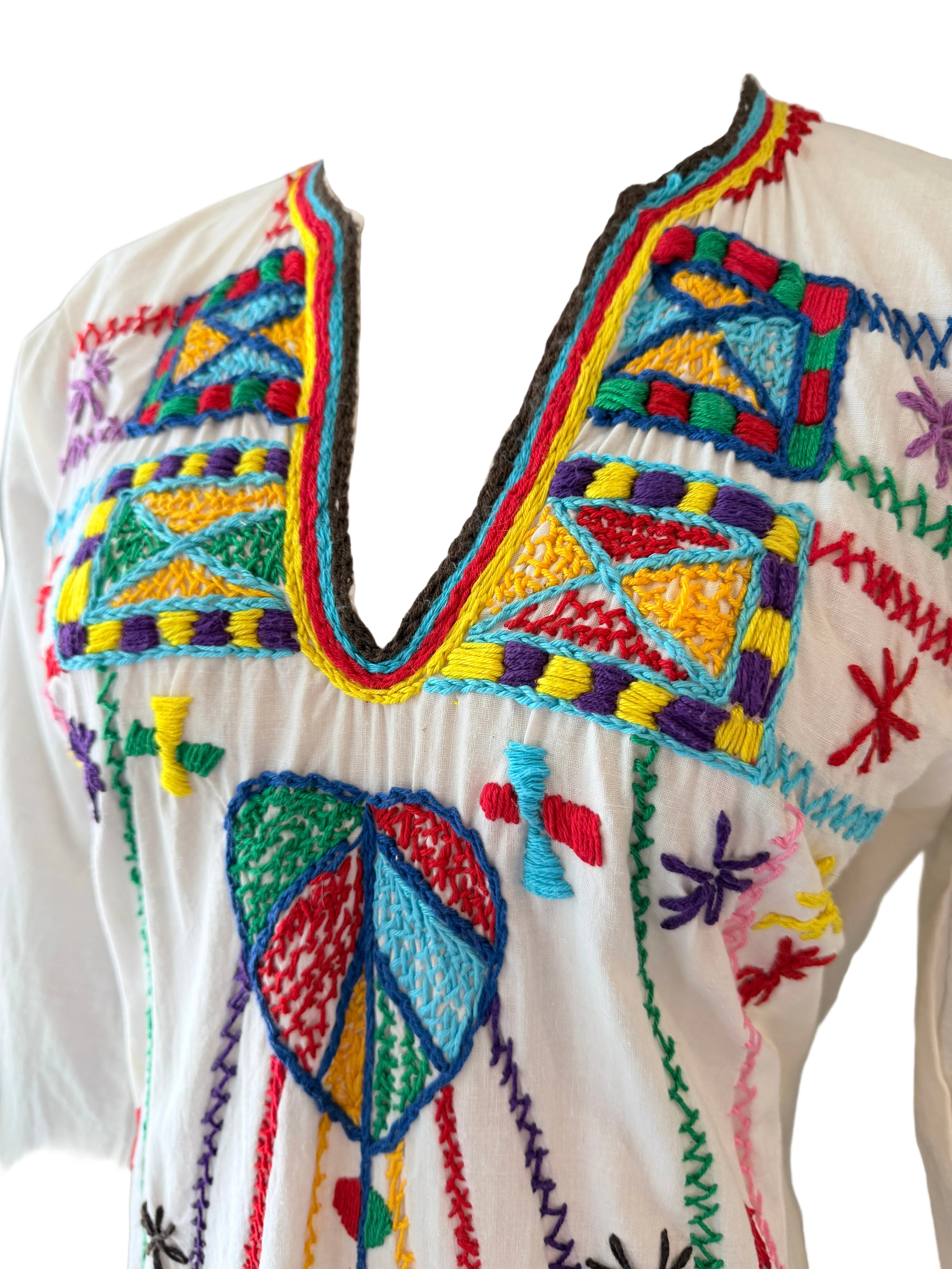 1970s Cotton Maxi Tunic Dress with Primary Color Embroidery
