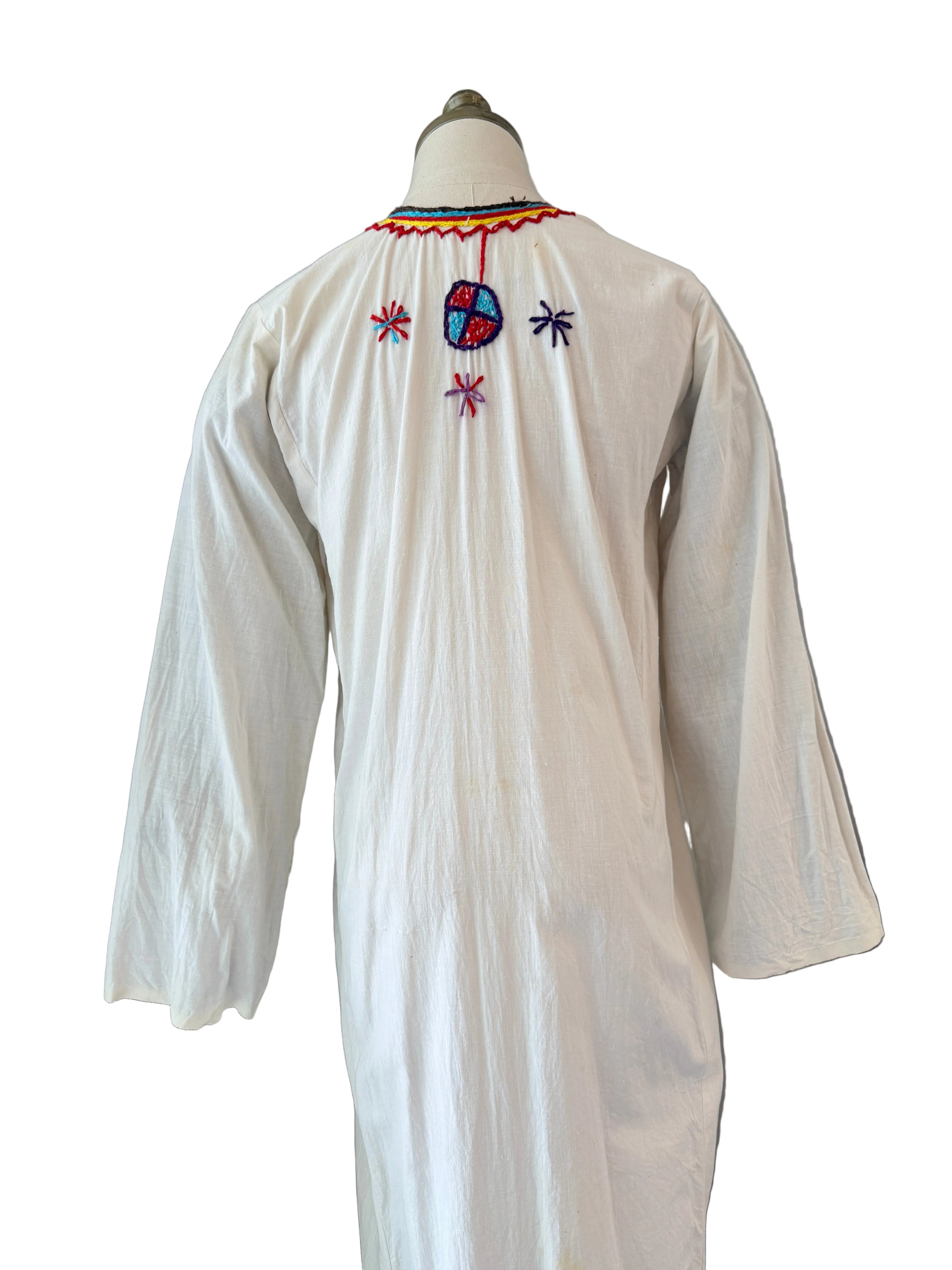 1970s Cotton Maxi Tunic Dress with Primary Color Embroidery