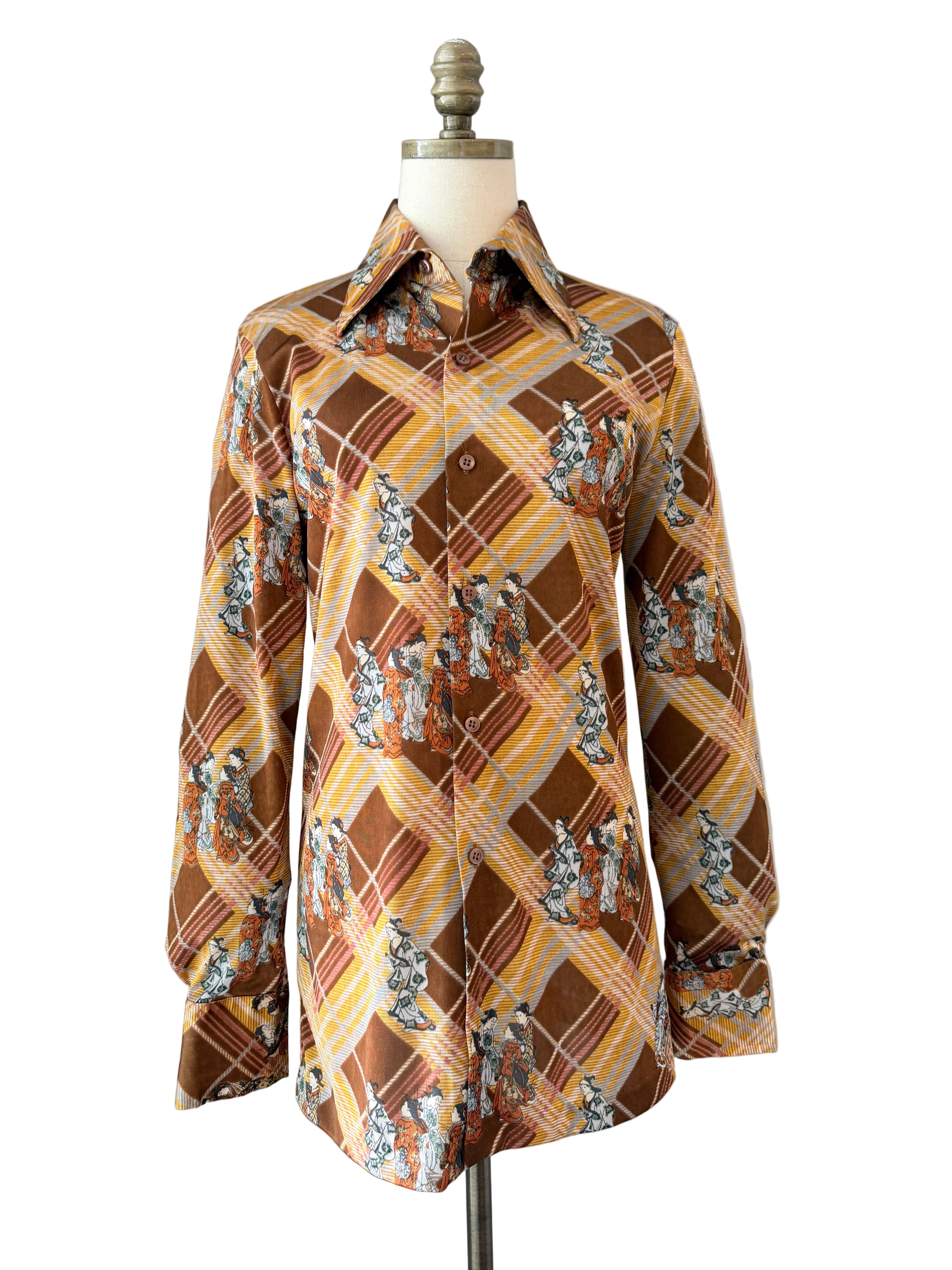 1970s Huk-A-Poo Plaid Blouse with Geisha Print
