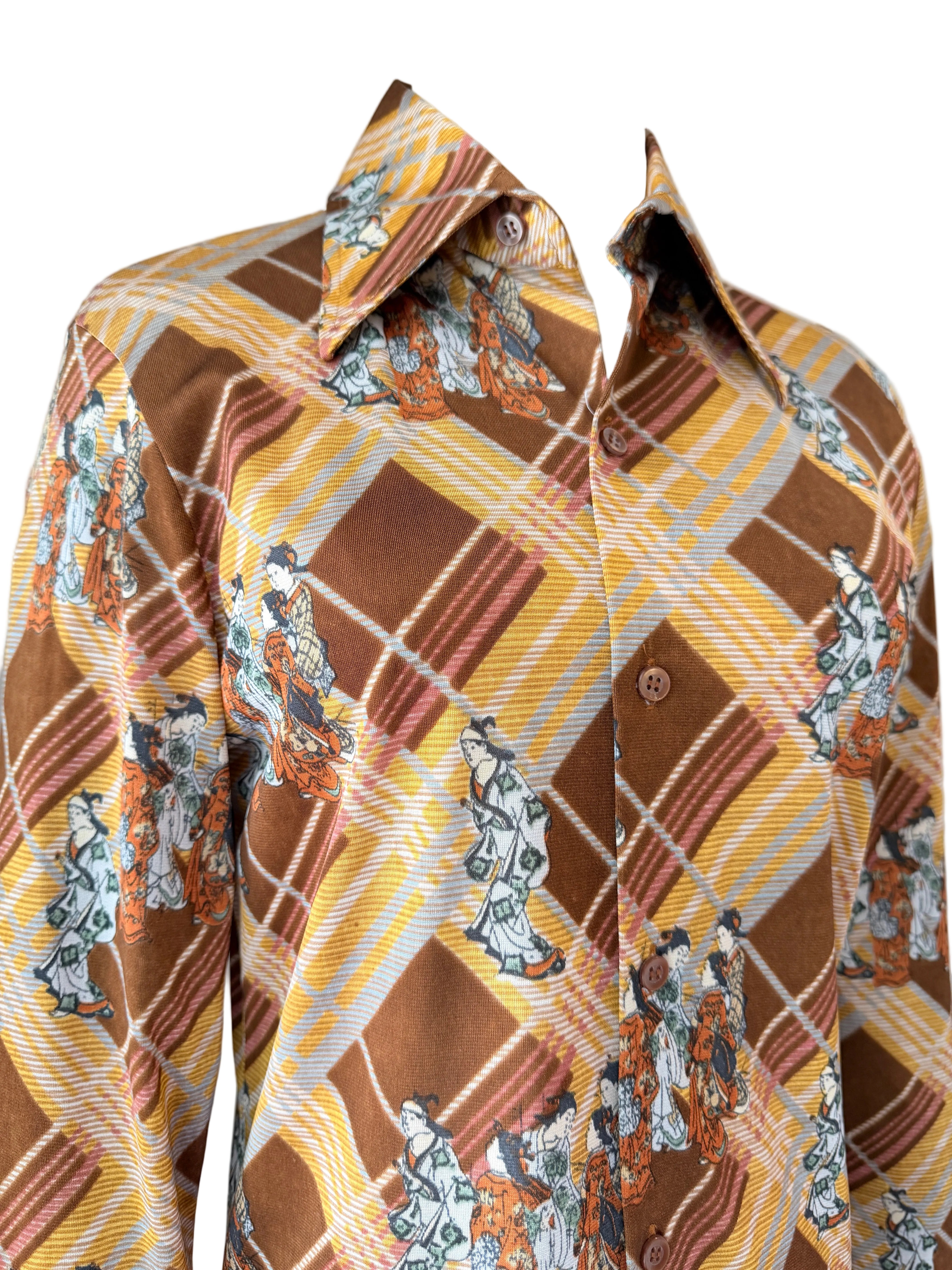 1970s Huk-A-Poo Plaid Blouse with Geisha Print