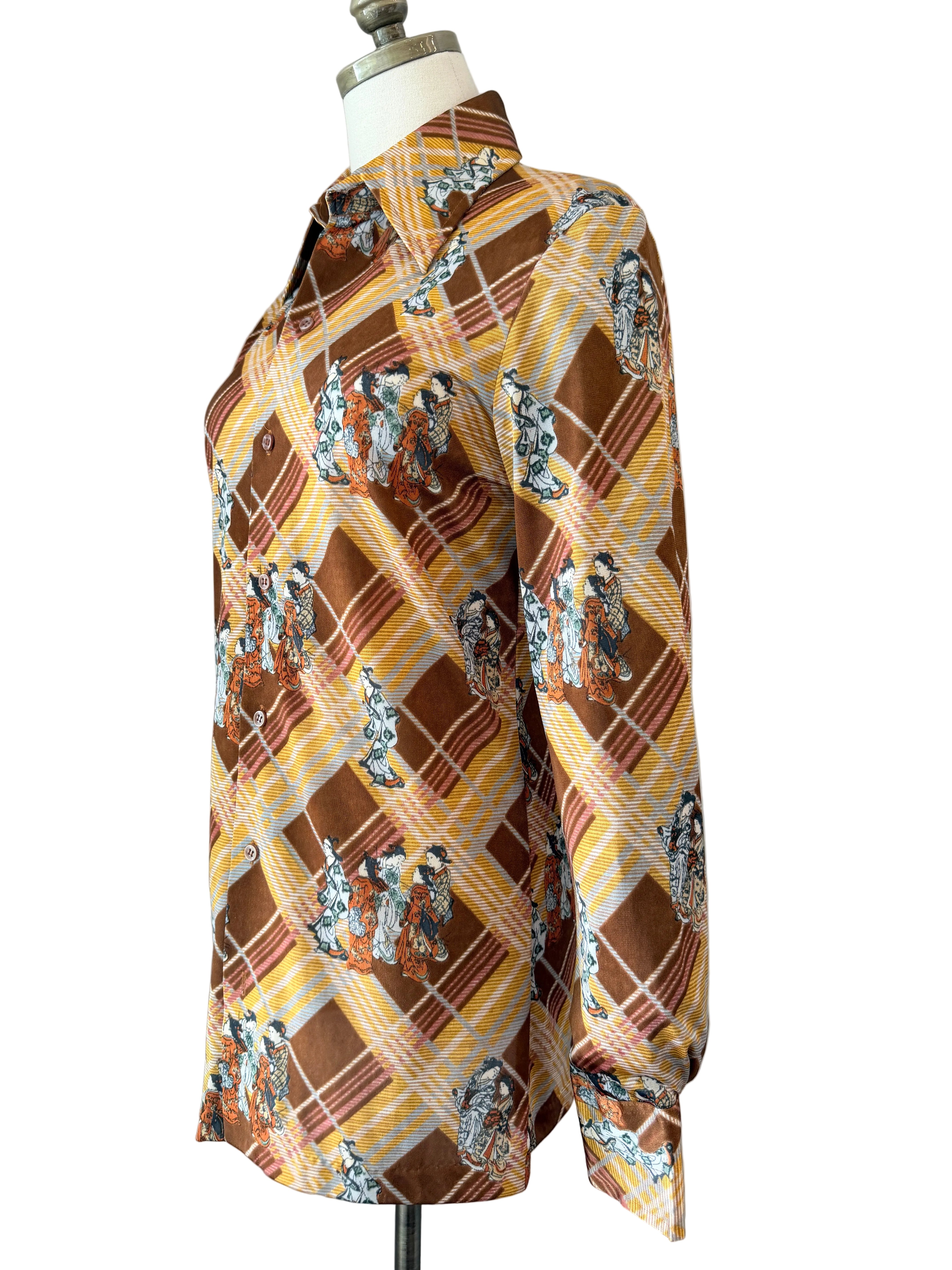 1970s Huk-A-Poo Plaid Blouse with Geisha Print