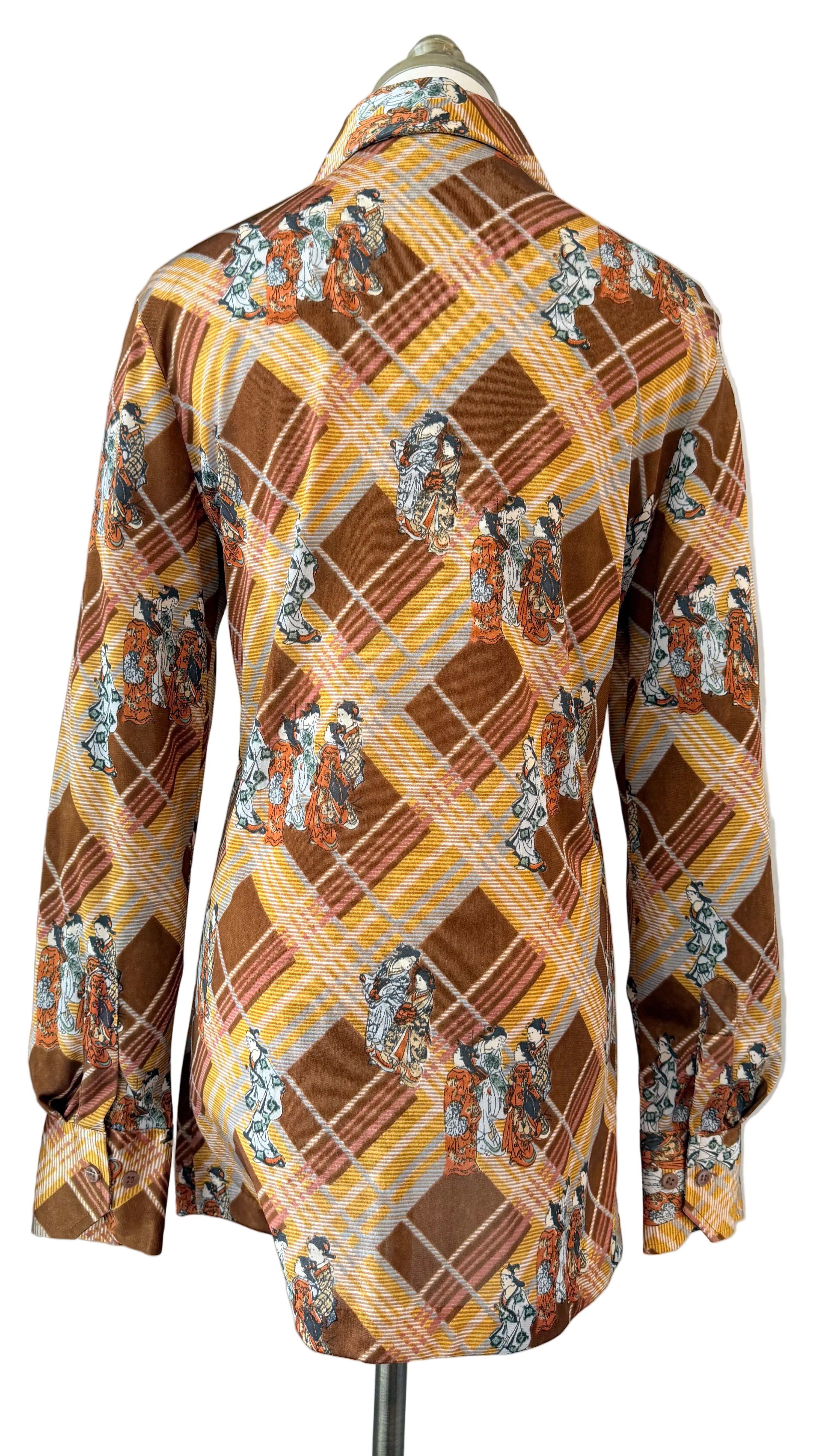 1970s Huk-A-Poo Plaid Blouse with Geisha Print