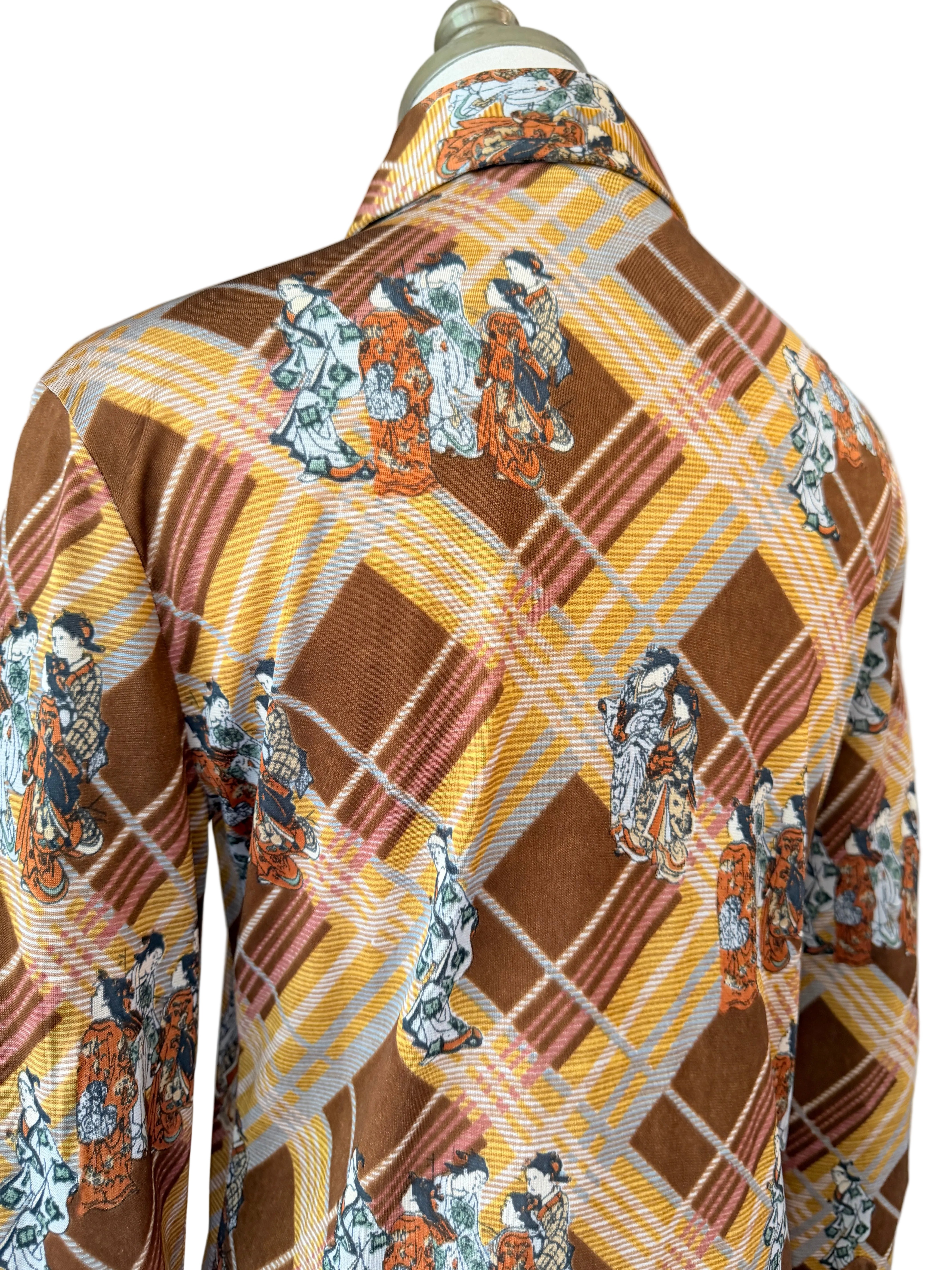 1970s Huk-A-Poo Plaid Blouse with Geisha Print