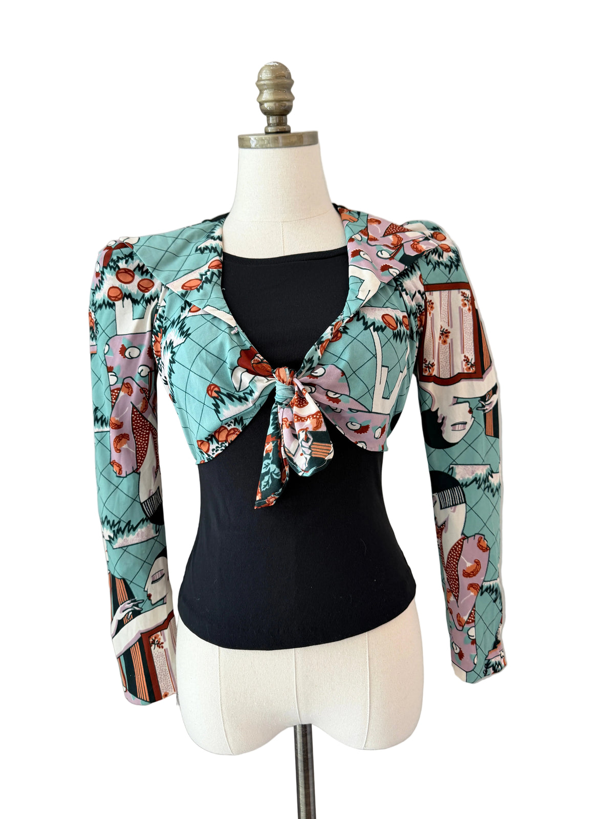 1970s Black Long-Sleeve Top with Faux-Wrap Overlay & Art Deco Lady Print
