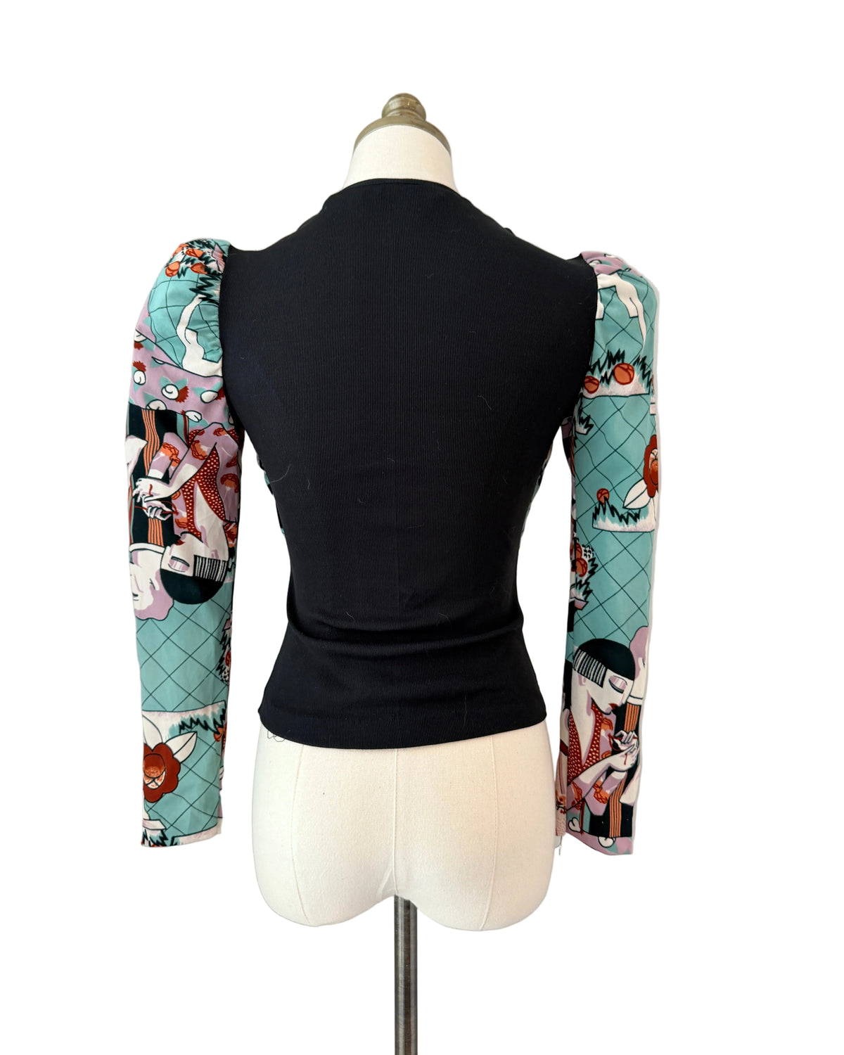 1970s Black Long-Sleeve Top with Faux-Wrap Overlay & Art Deco Lady Print