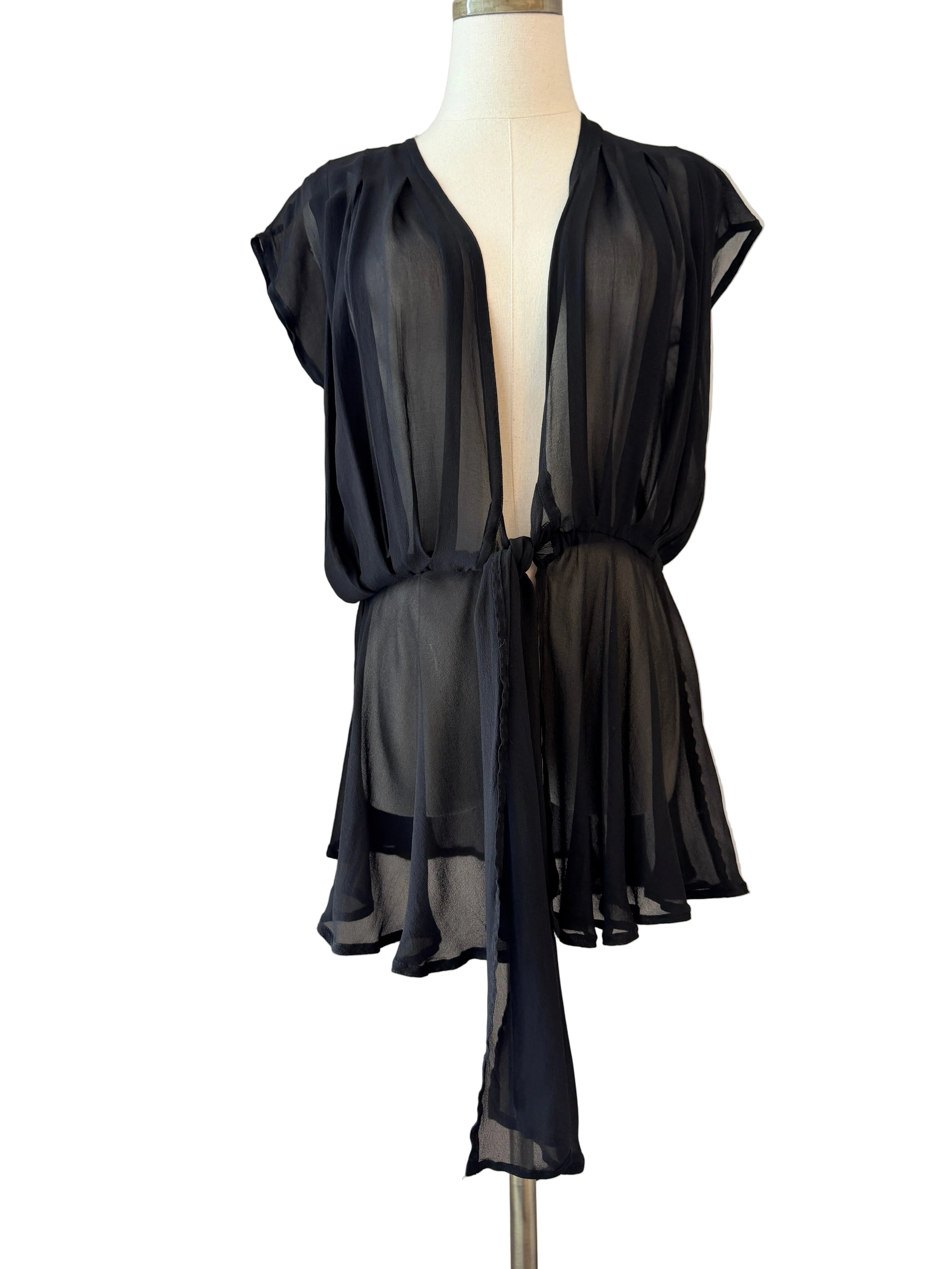 1970s Gottex Black Sheer Cover-Up with Tie Waist