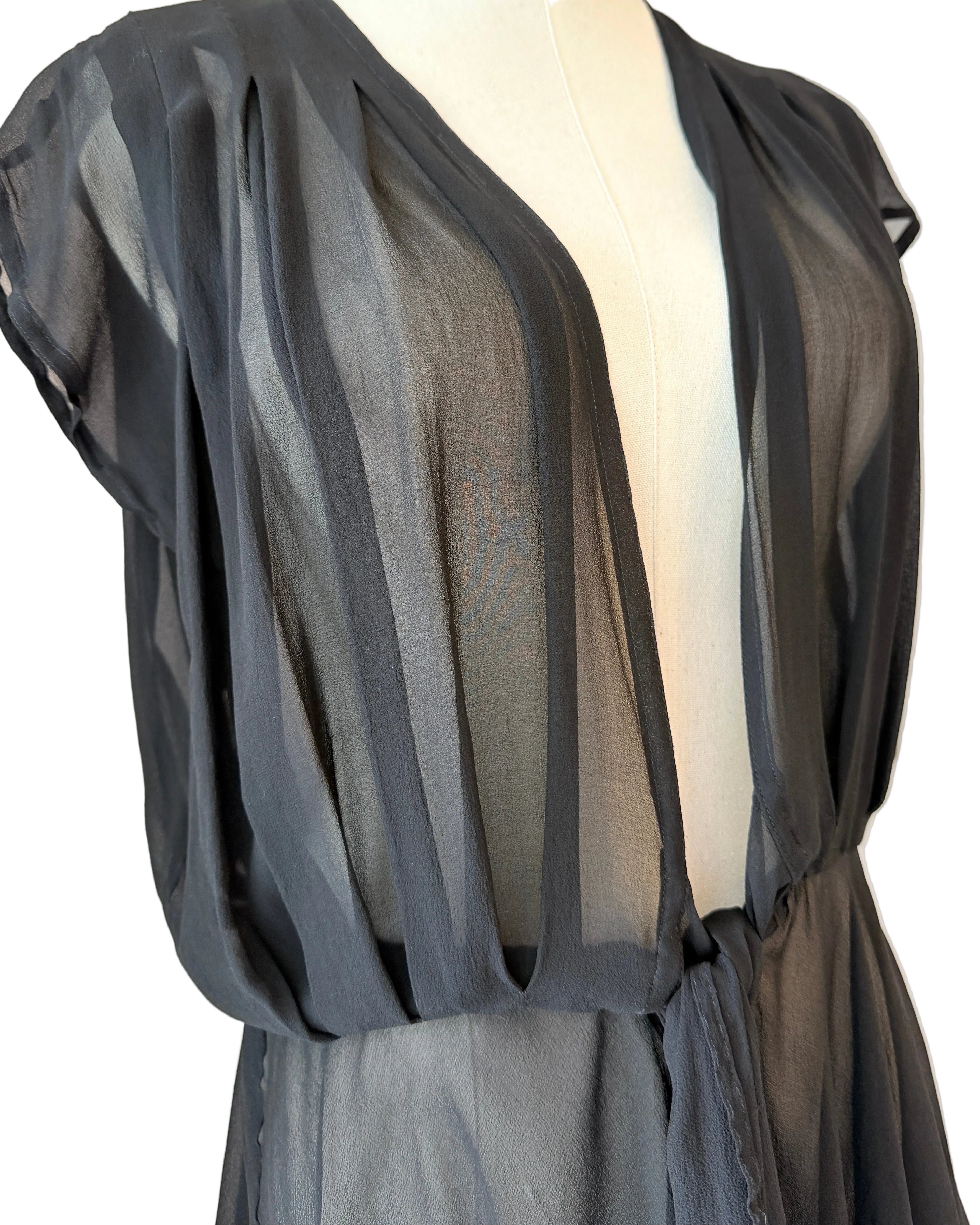1970s Gottex Black Sheer Cover-Up with Tie Waist