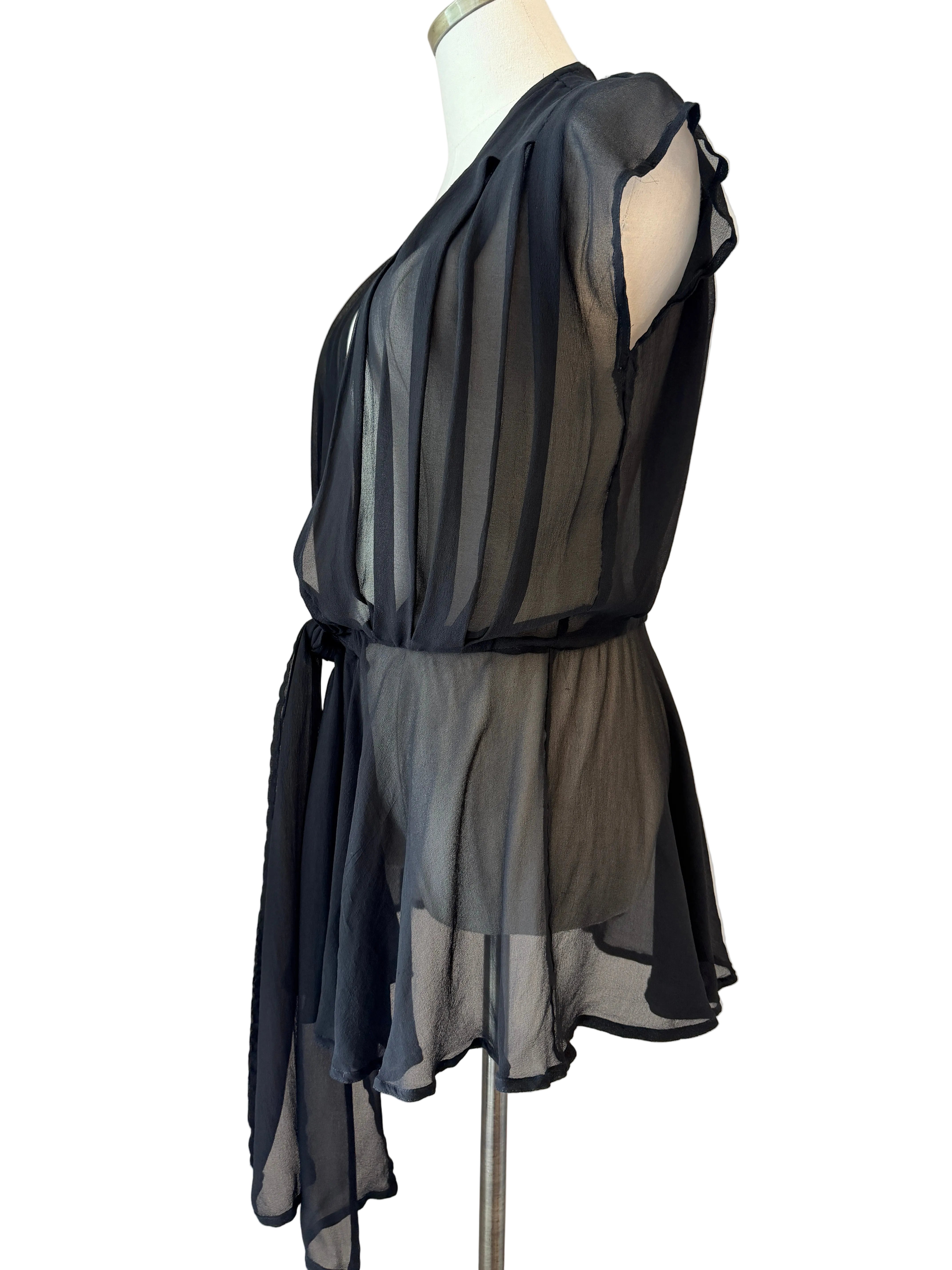 1970s Gottex Black Sheer Cover-Up with Tie Waist