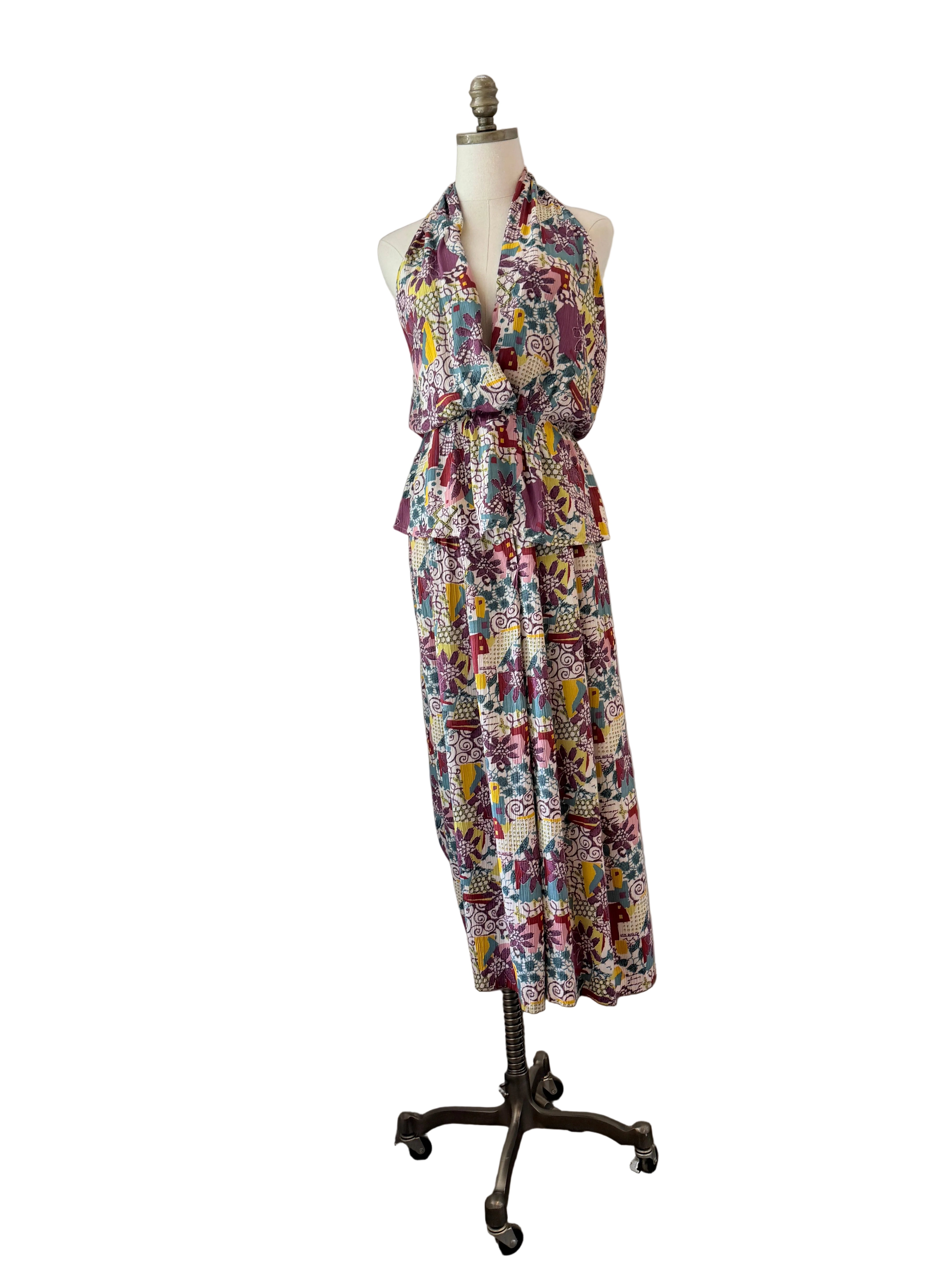 1970s Rayon Two-Piece Halter Top & Wide-Leg Culotte Set with Floral & Geometric Print