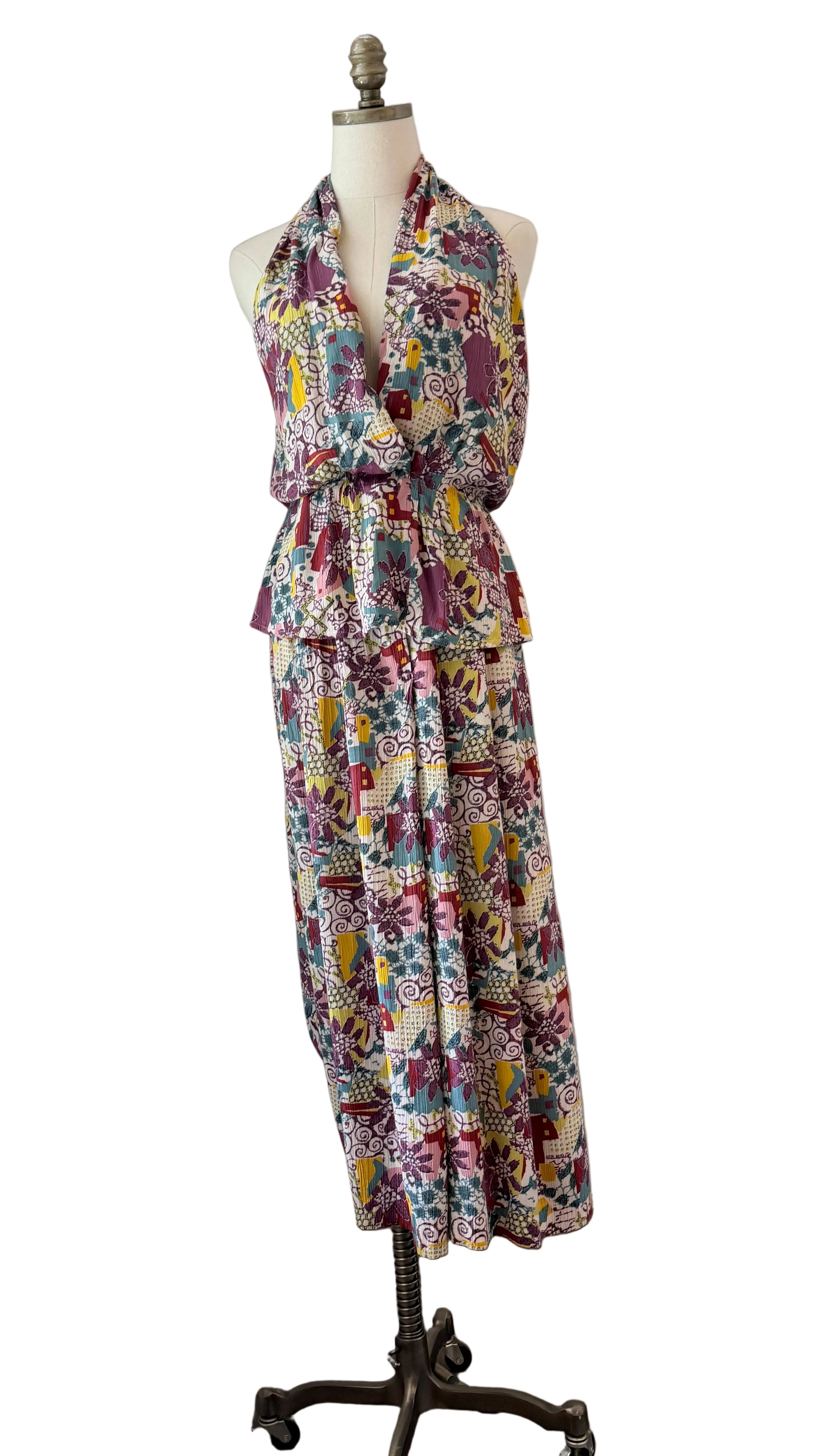 1970s Rayon Two-Piece Halter Top & Wide-Leg Culotte Set with Floral & Geometric Print