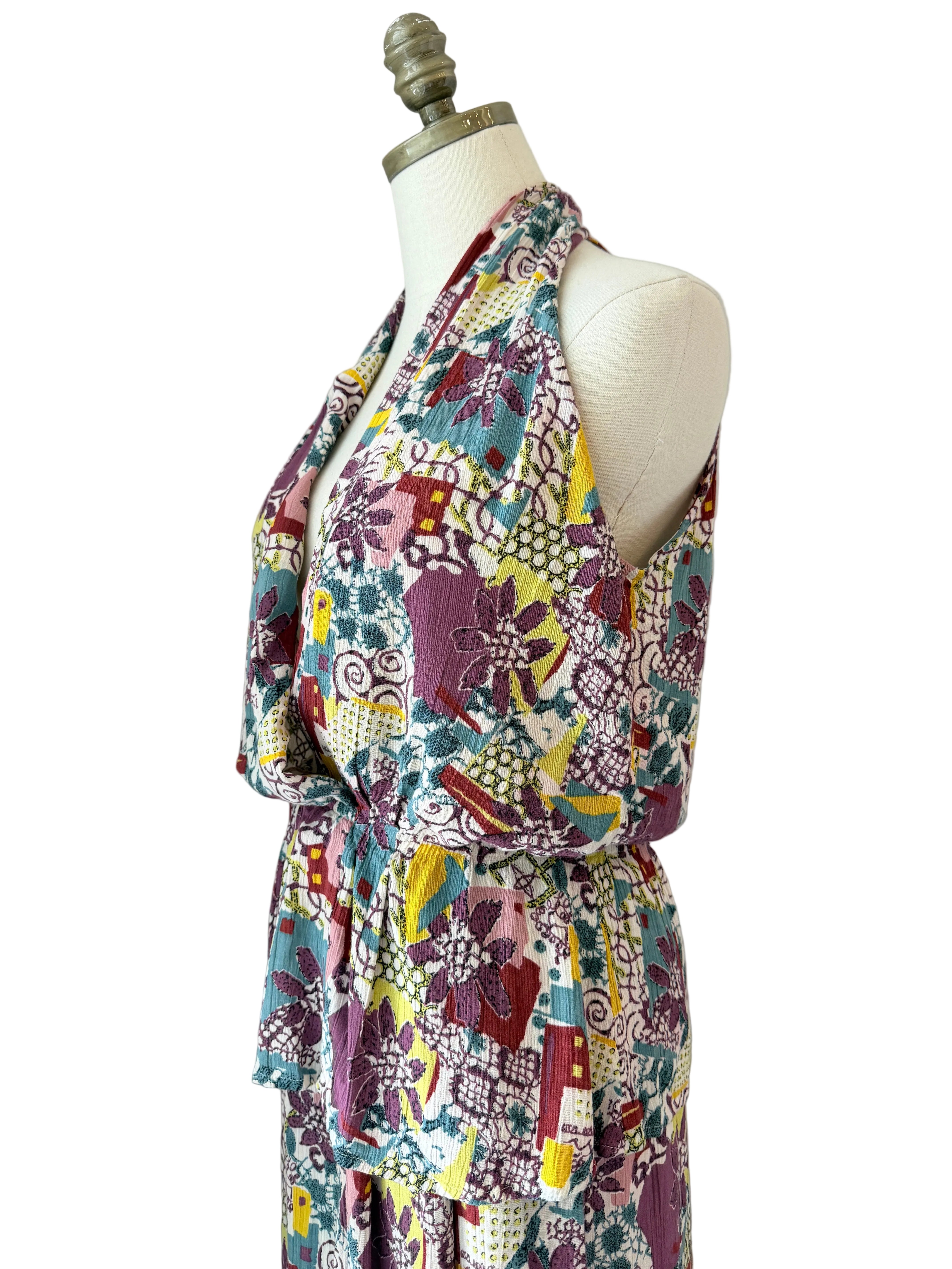 1970s Rayon Two-Piece Halter Top & Wide-Leg Culotte Set with Floral & Geometric Print