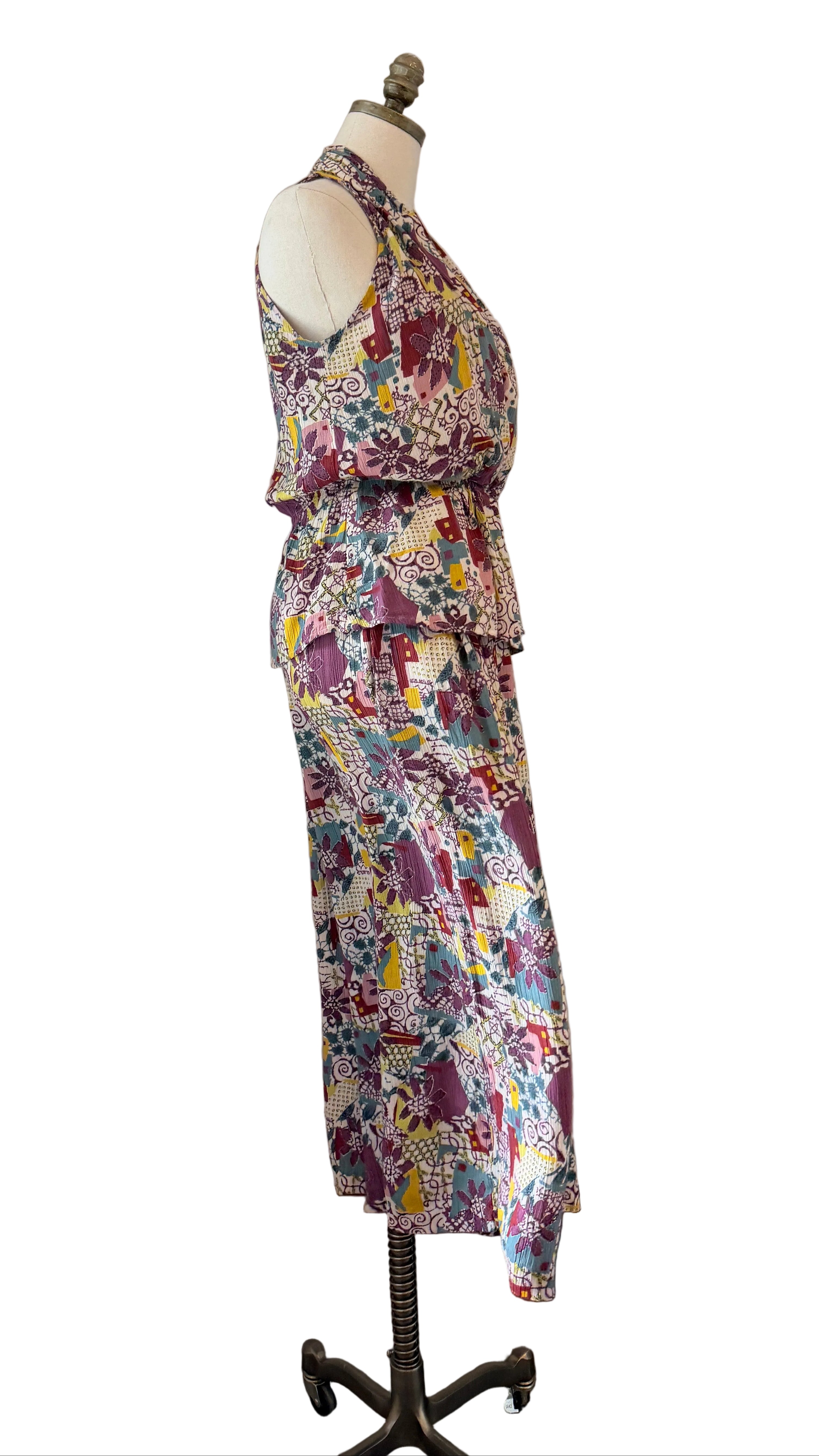 1970s Rayon Two-Piece Halter Top & Wide-Leg Culotte Set with Floral & Geometric Print
