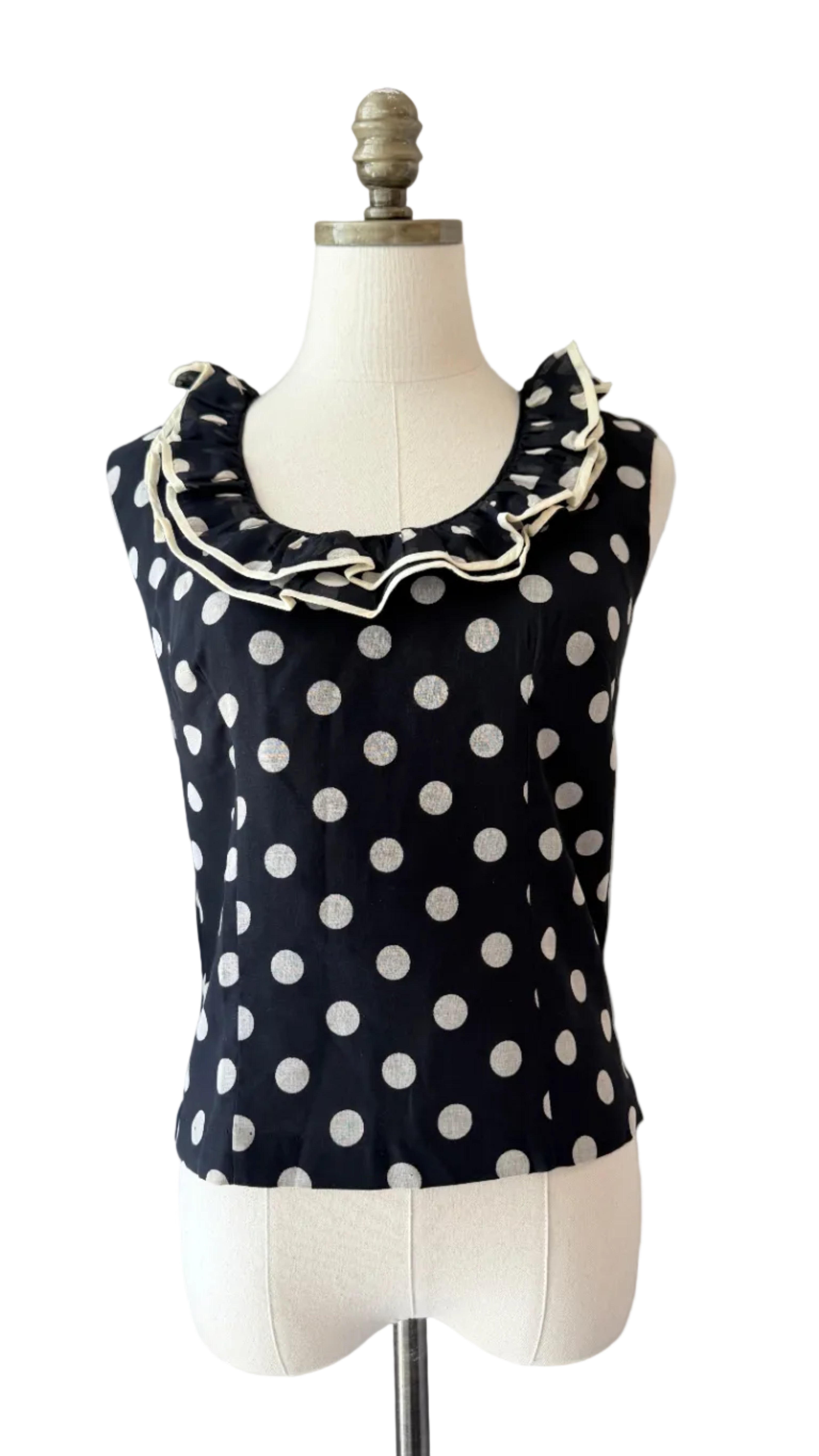 1960s Rhoda Lee Black & White Polka Dot Tank Top with Ruffled Neckline