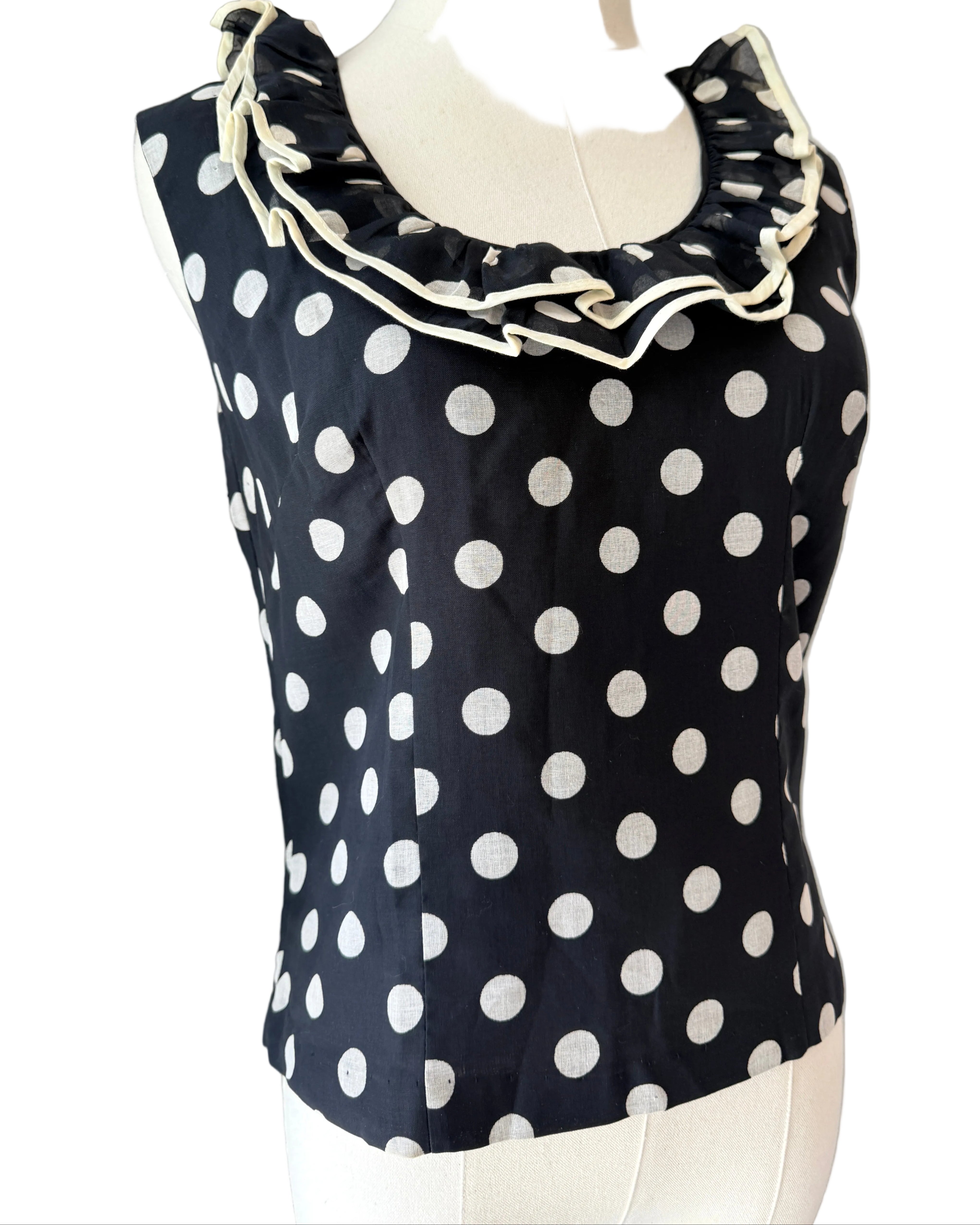1960s Rhoda Lee Black & White Polka Dot Tank Top with Ruffled Neckline