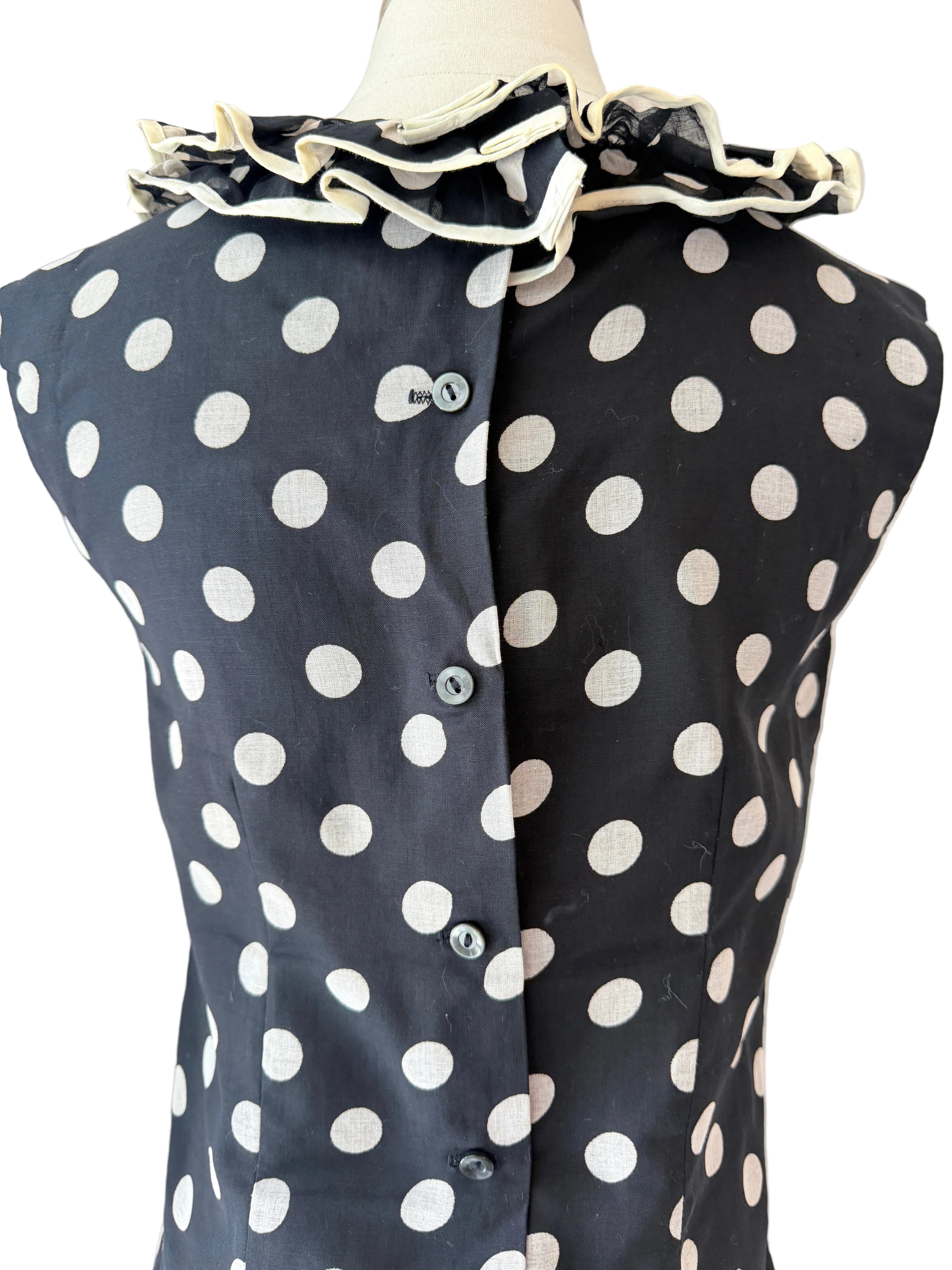 1960s Rhoda Lee Black & White Polka Dot Tank Top with Ruffled Neckline