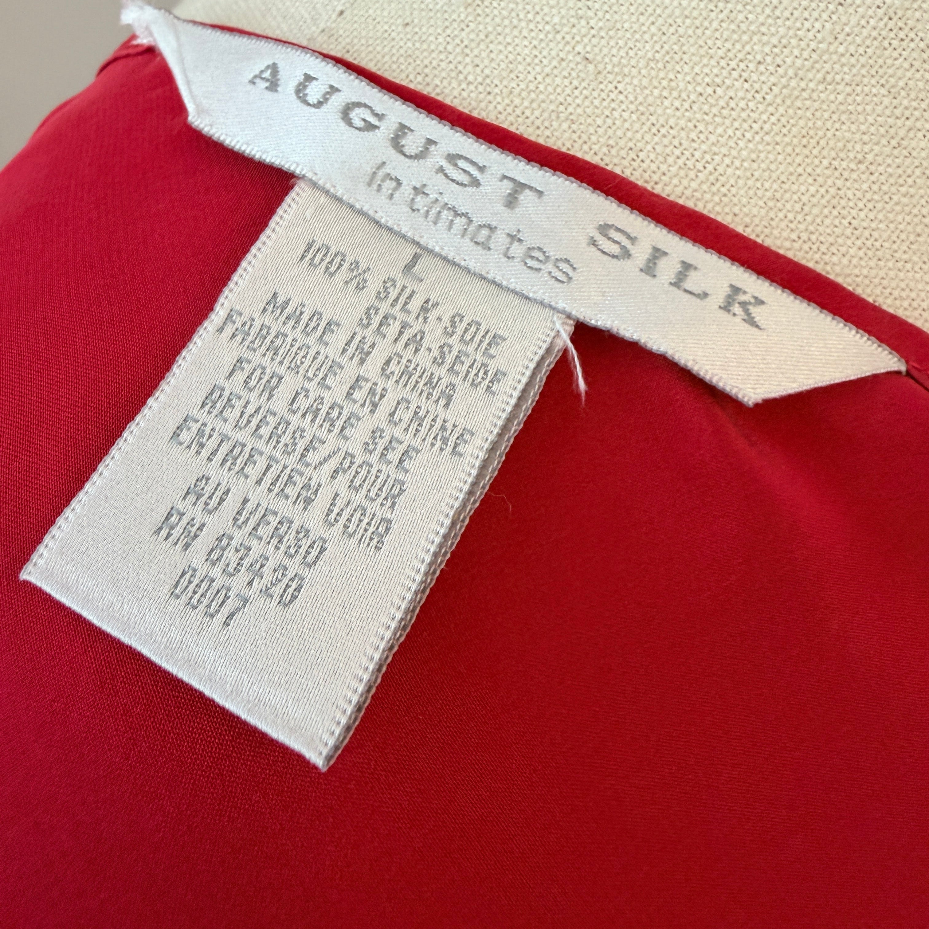 1980s August Silk Red Slip Nightgown with Lace V-Neck & Side Slit