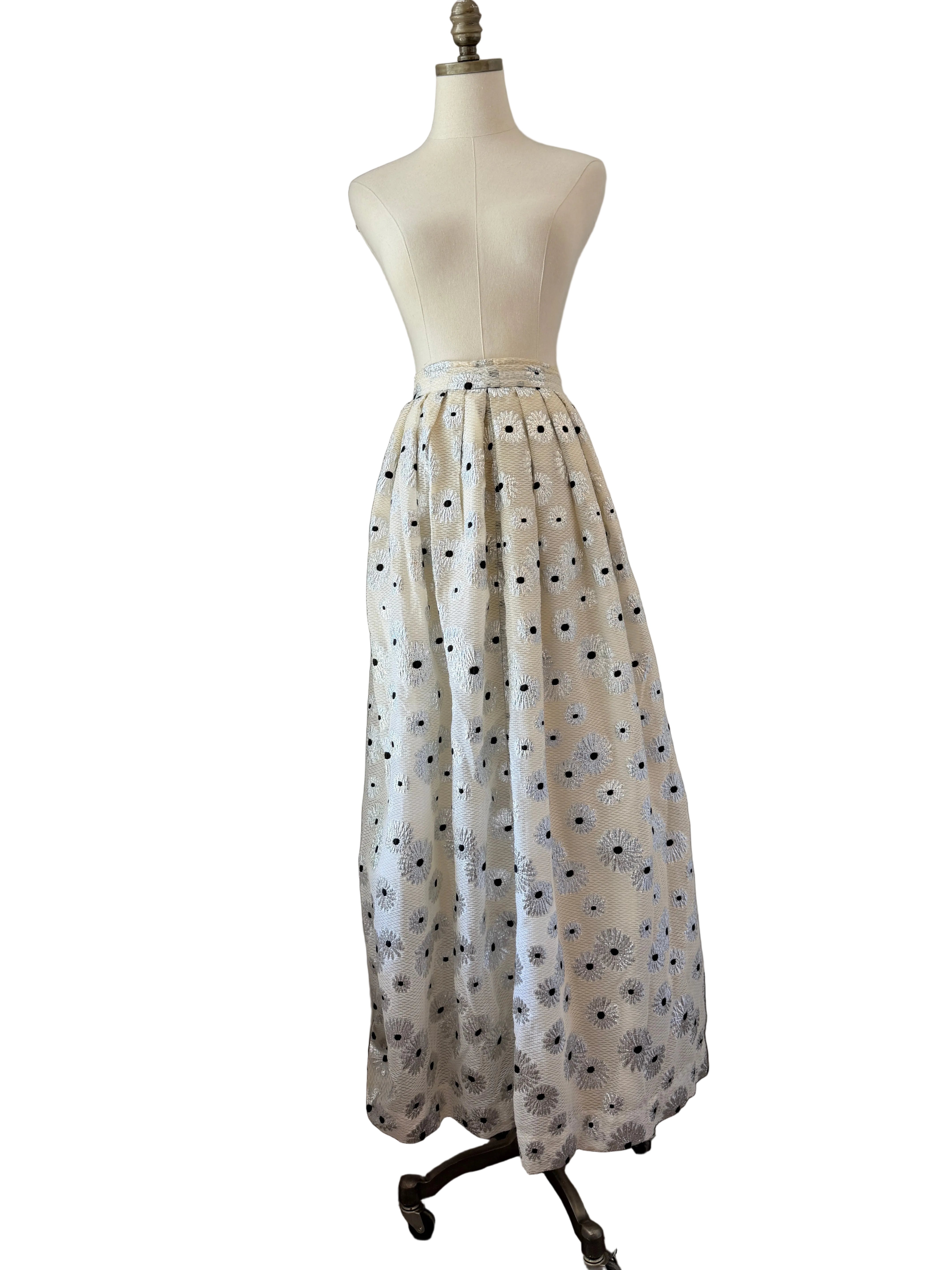 1960s White Mesh Maxi Skirt with Silver Floral Print