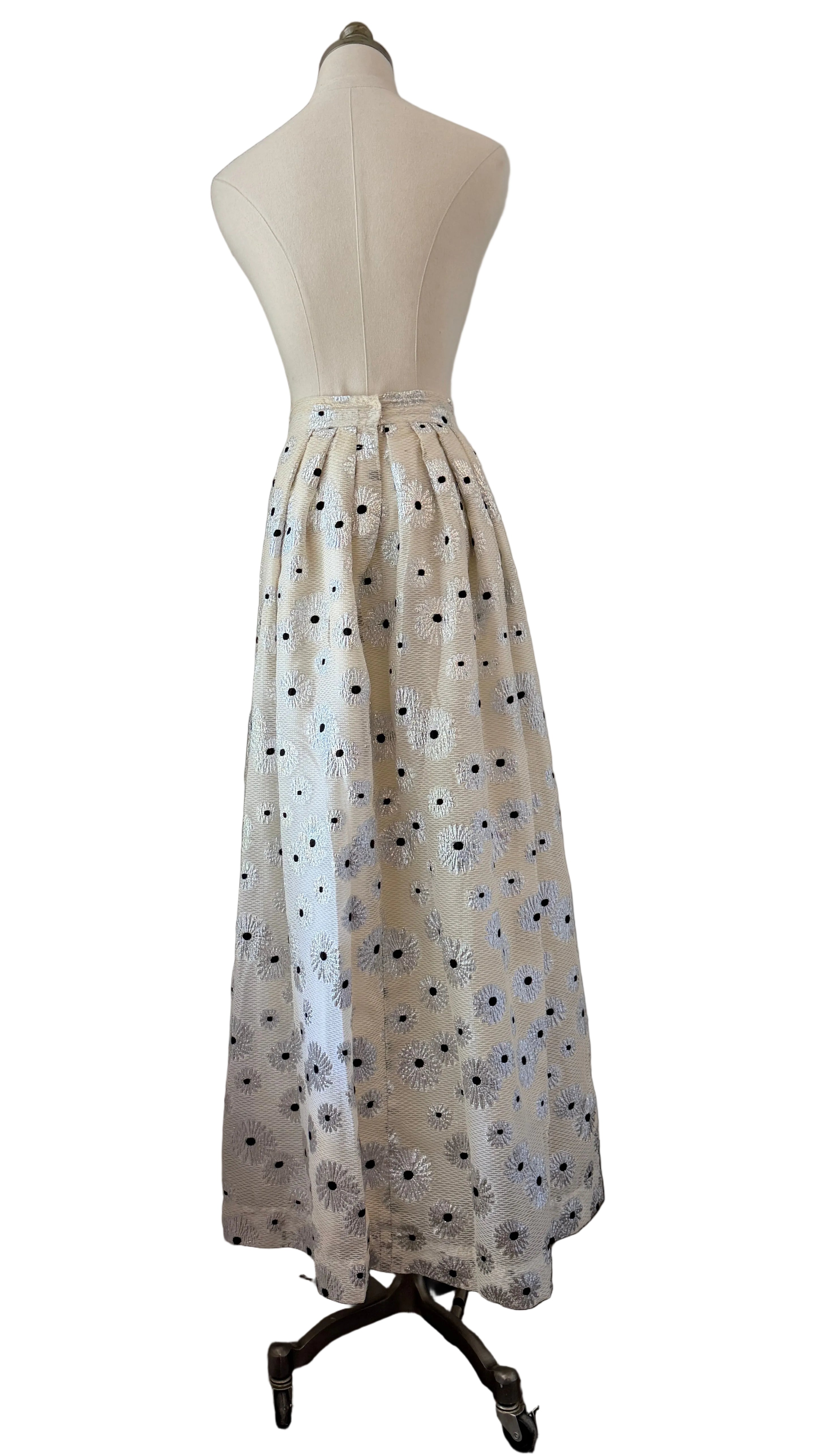 1960s White Mesh Maxi Skirt with Silver Floral Print