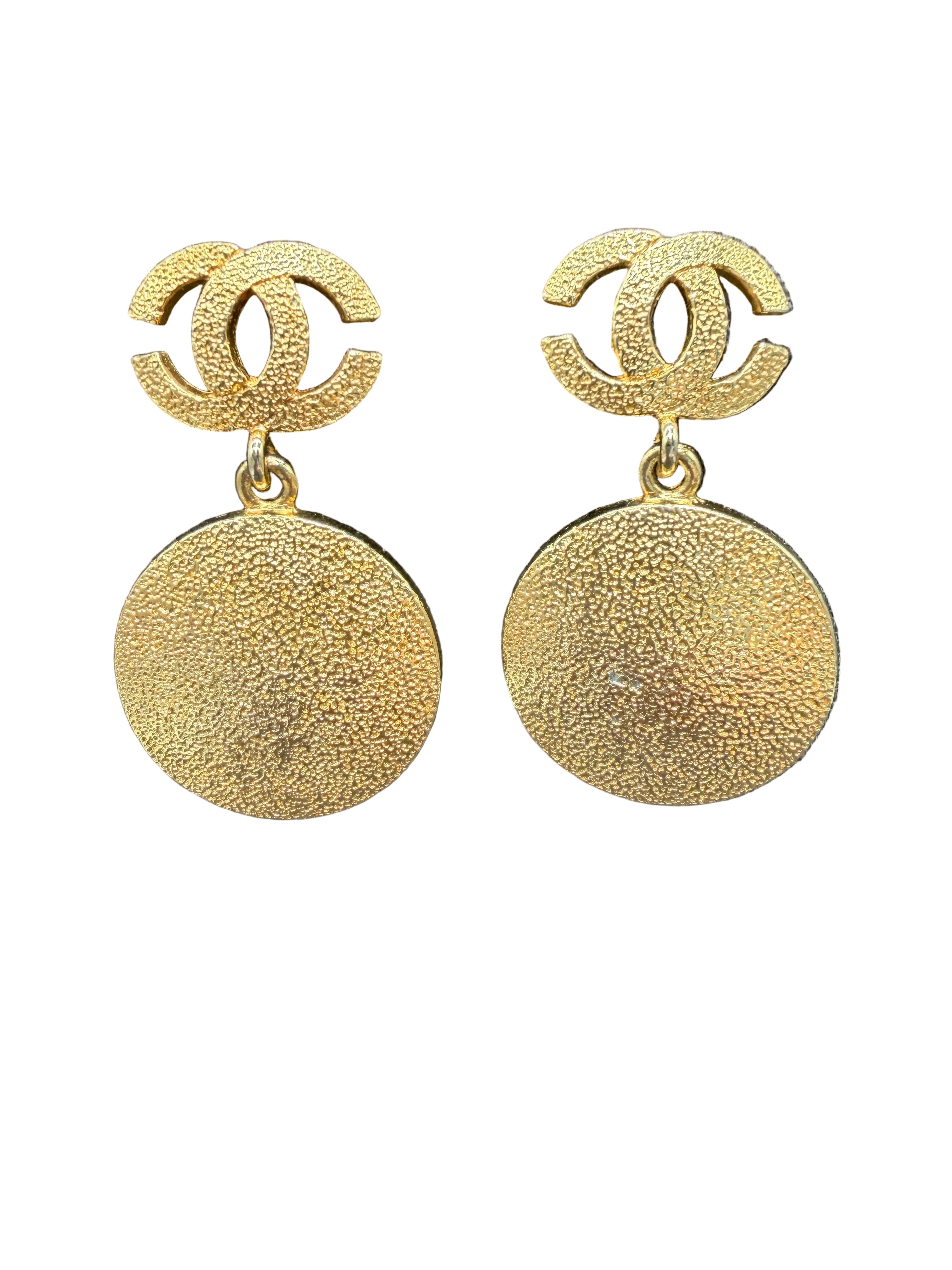 1980s Chanel Gold-Tone Double C Clip Earrings with Textured Disc Dangles
