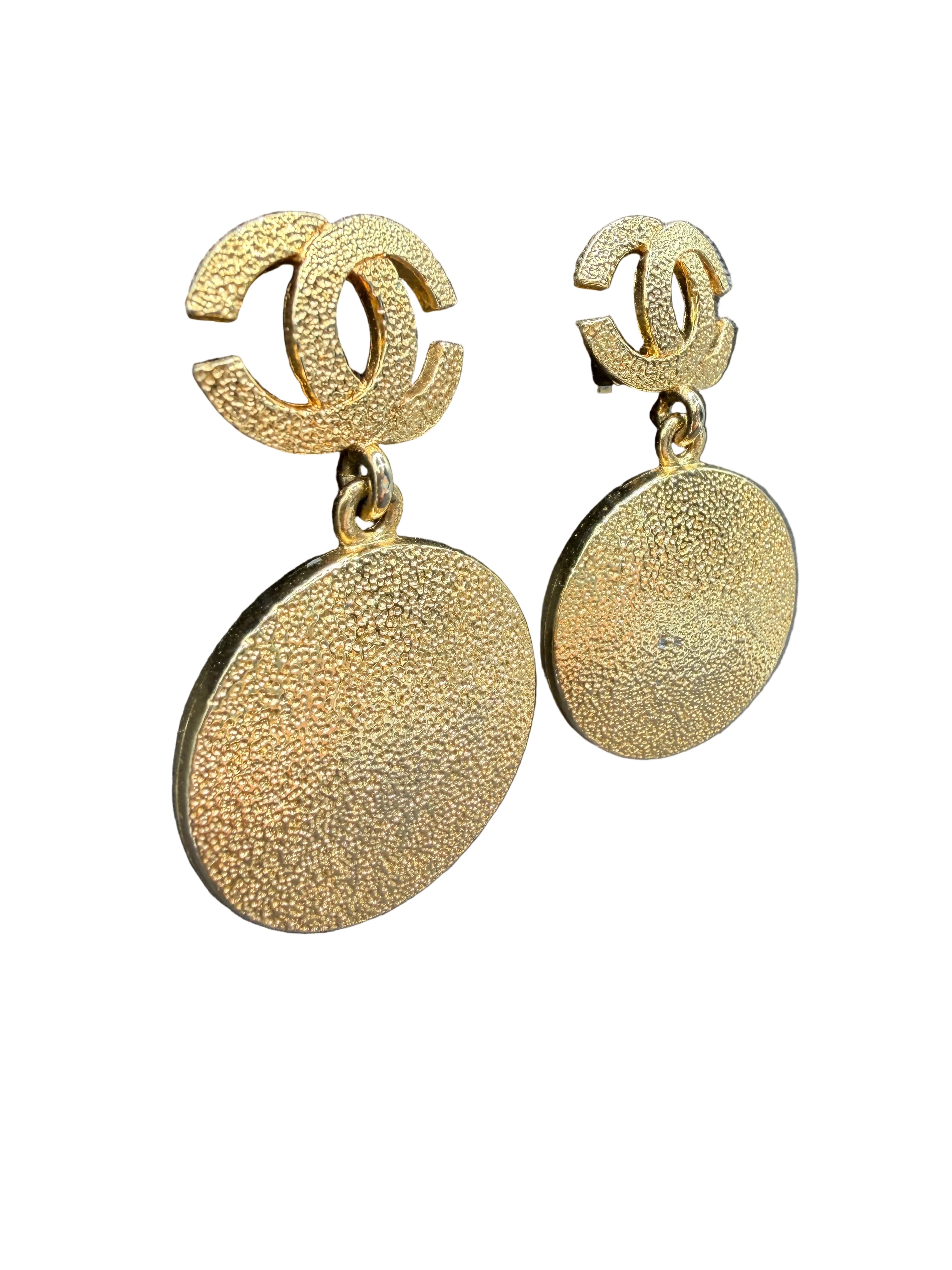 1980s Chanel Gold-Tone Double C Clip Earrings with Textured Disc Dangles