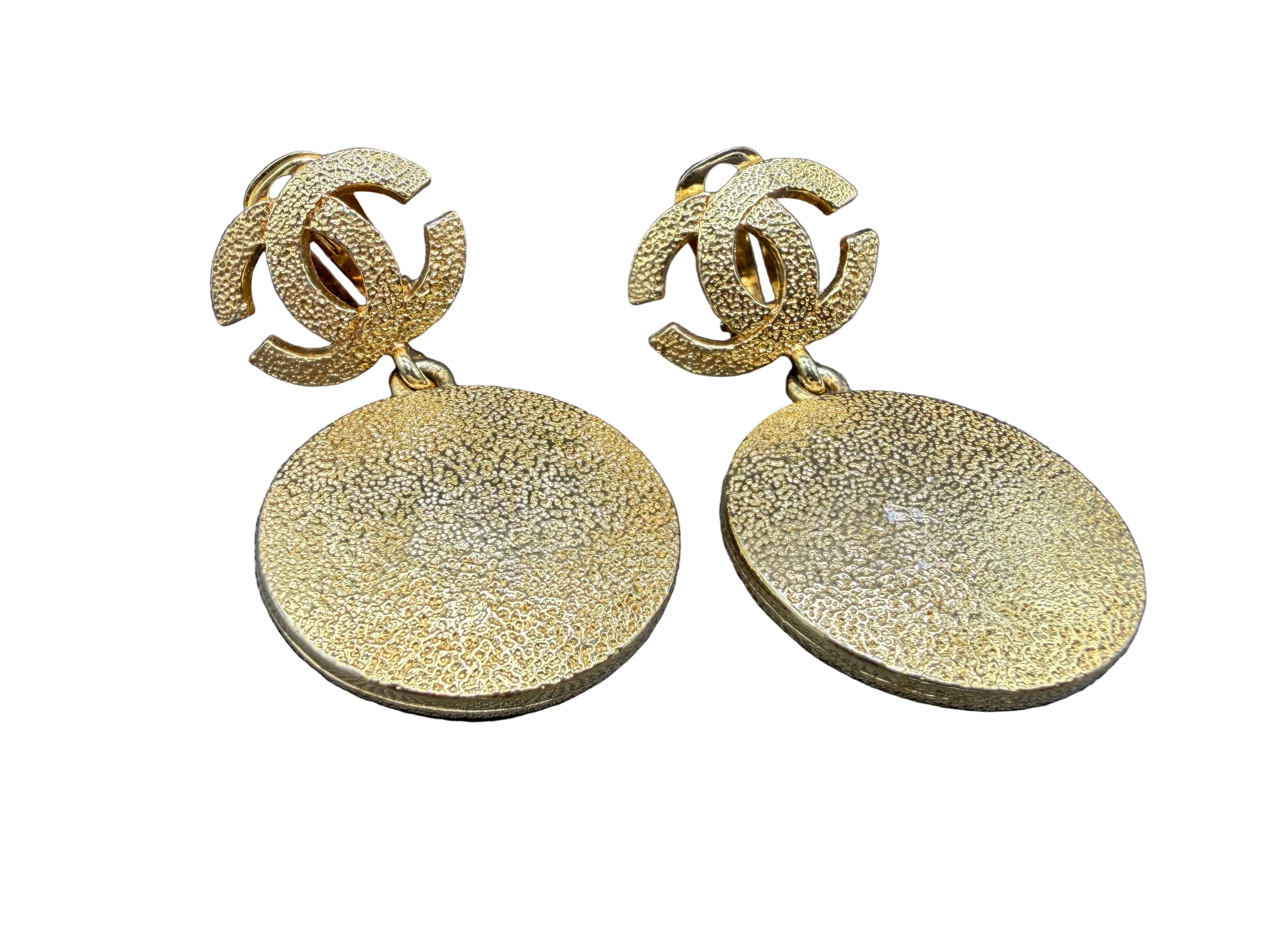 1980s Chanel Gold-Tone Double C Clip Earrings with Textured Disc Dangles